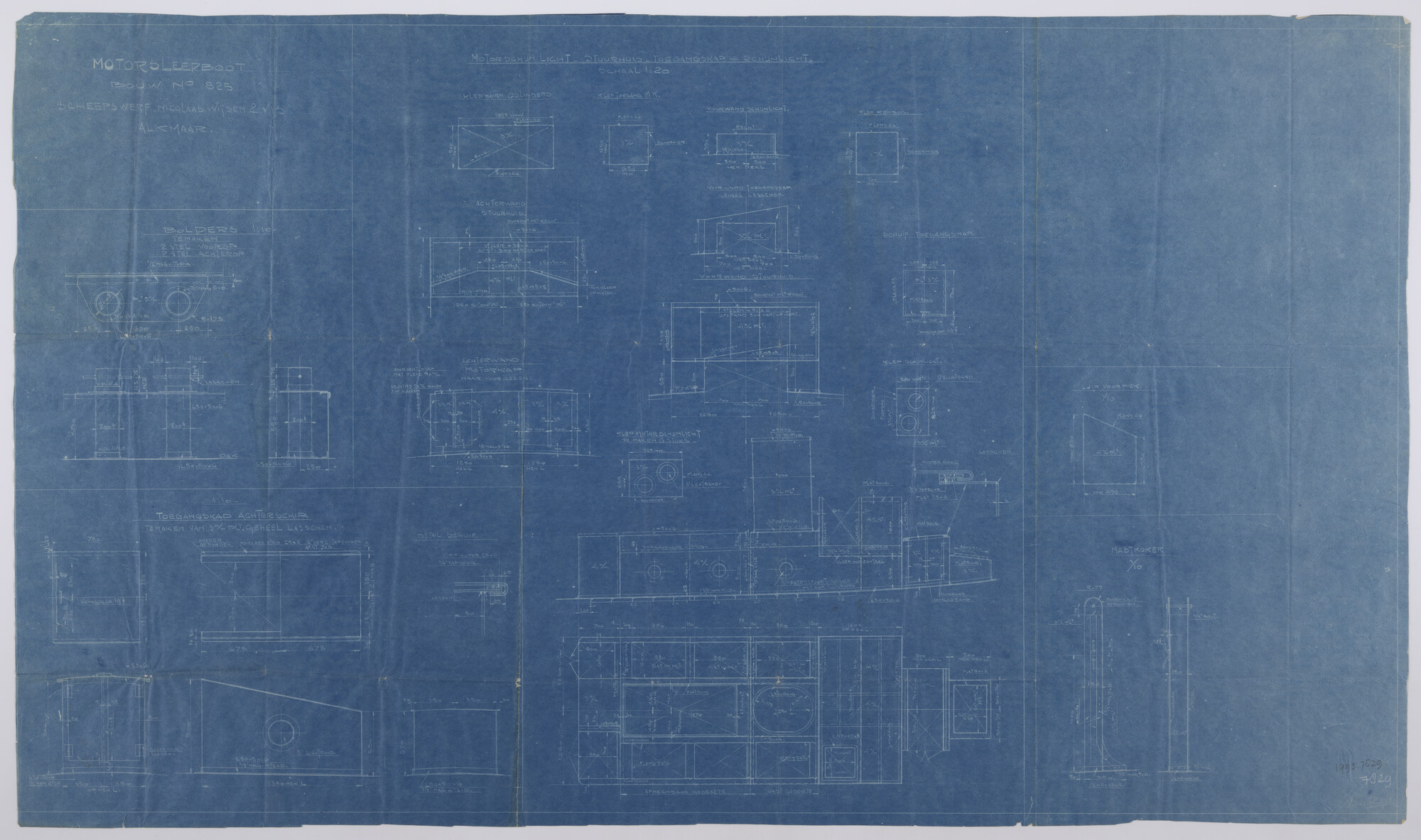 1995.7829; Constructietekening voor de opbouw van een binnenvaart motorsleepboot; technische tekening