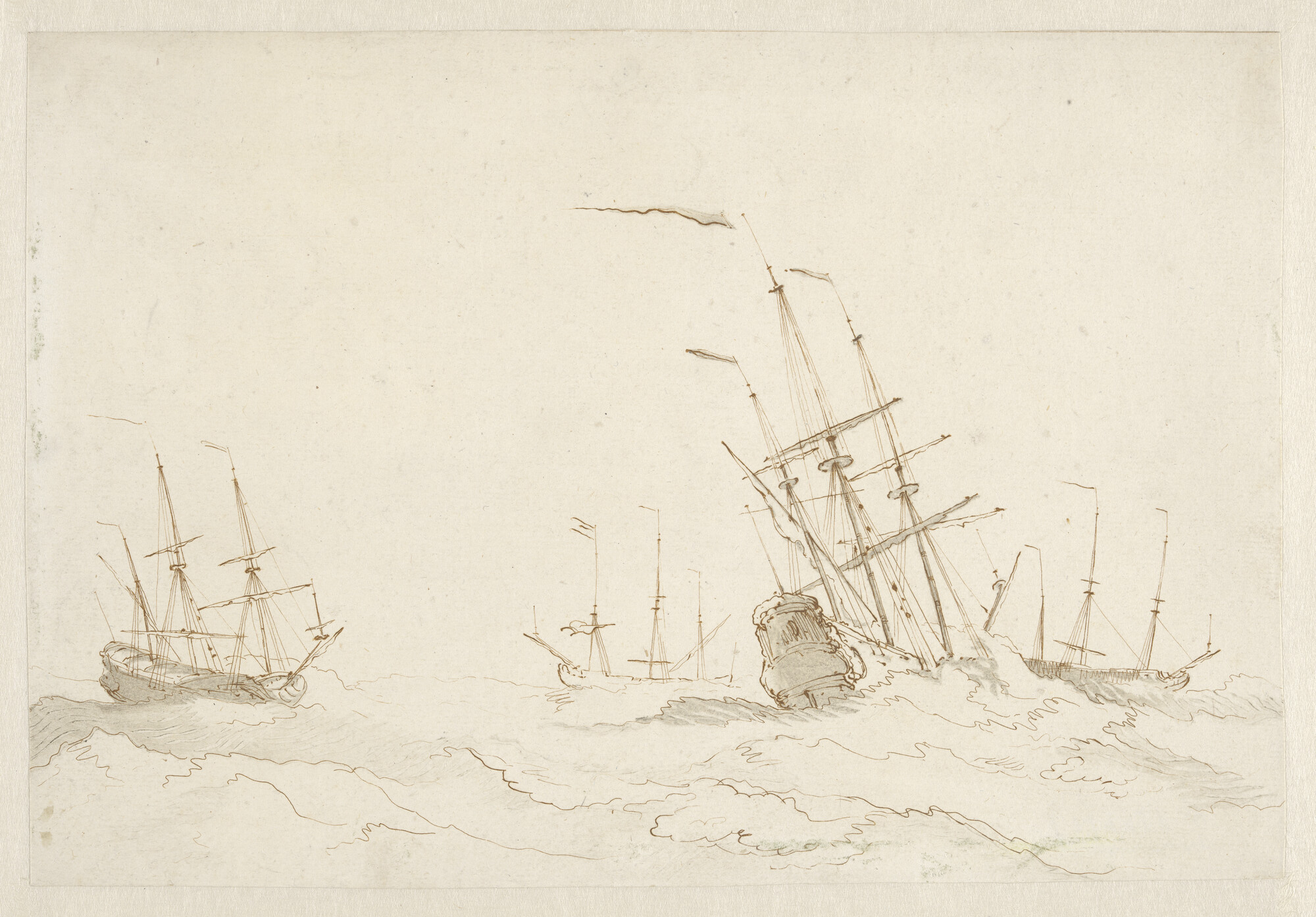 A.1786(01); Vier oorlogsschepen in zwaar weer voor anker; gravure