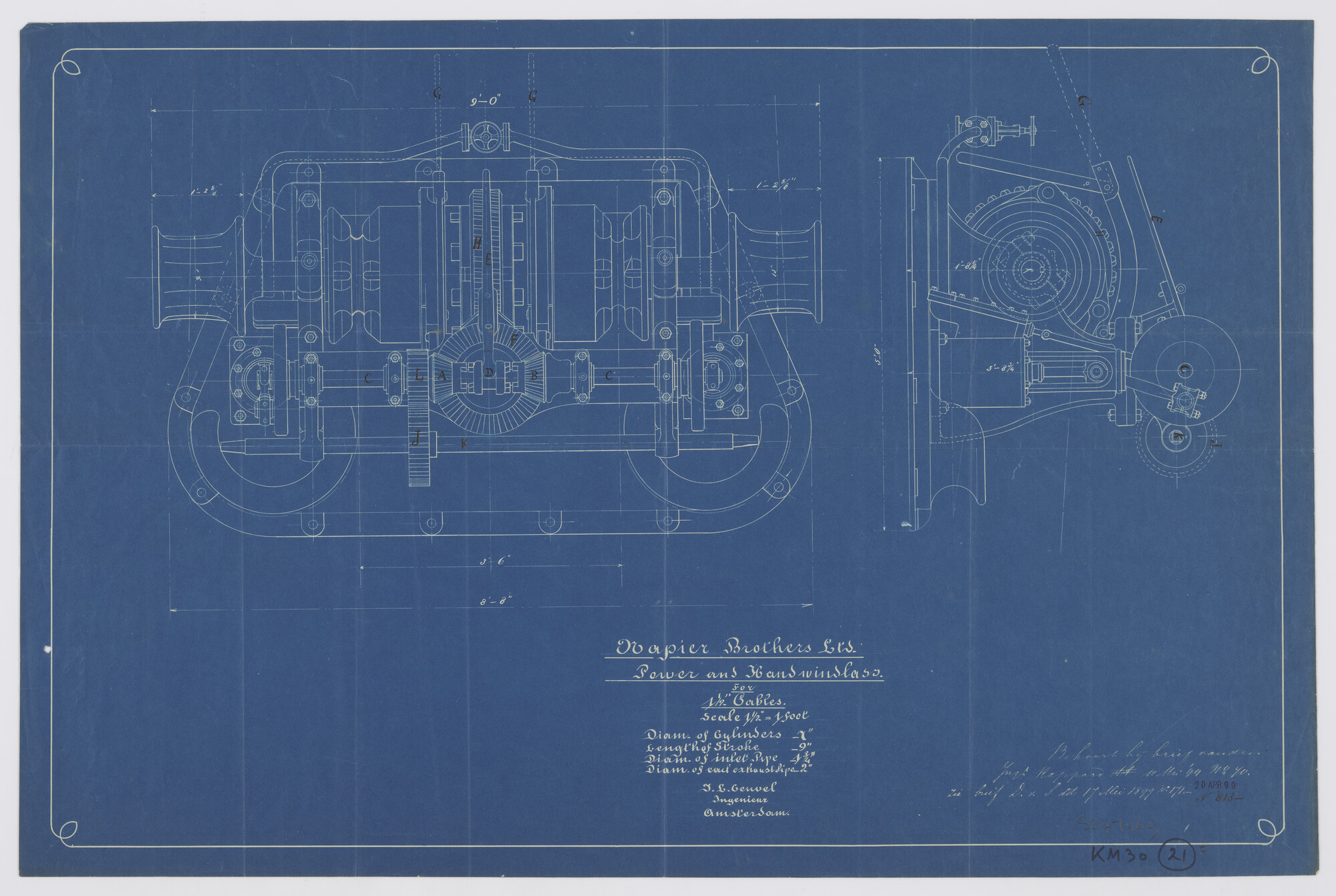 S.2175(4610); Horizontaal geplaatste stoom- en hand ankermachine voor ankerkabels van 1½"; technische tekening