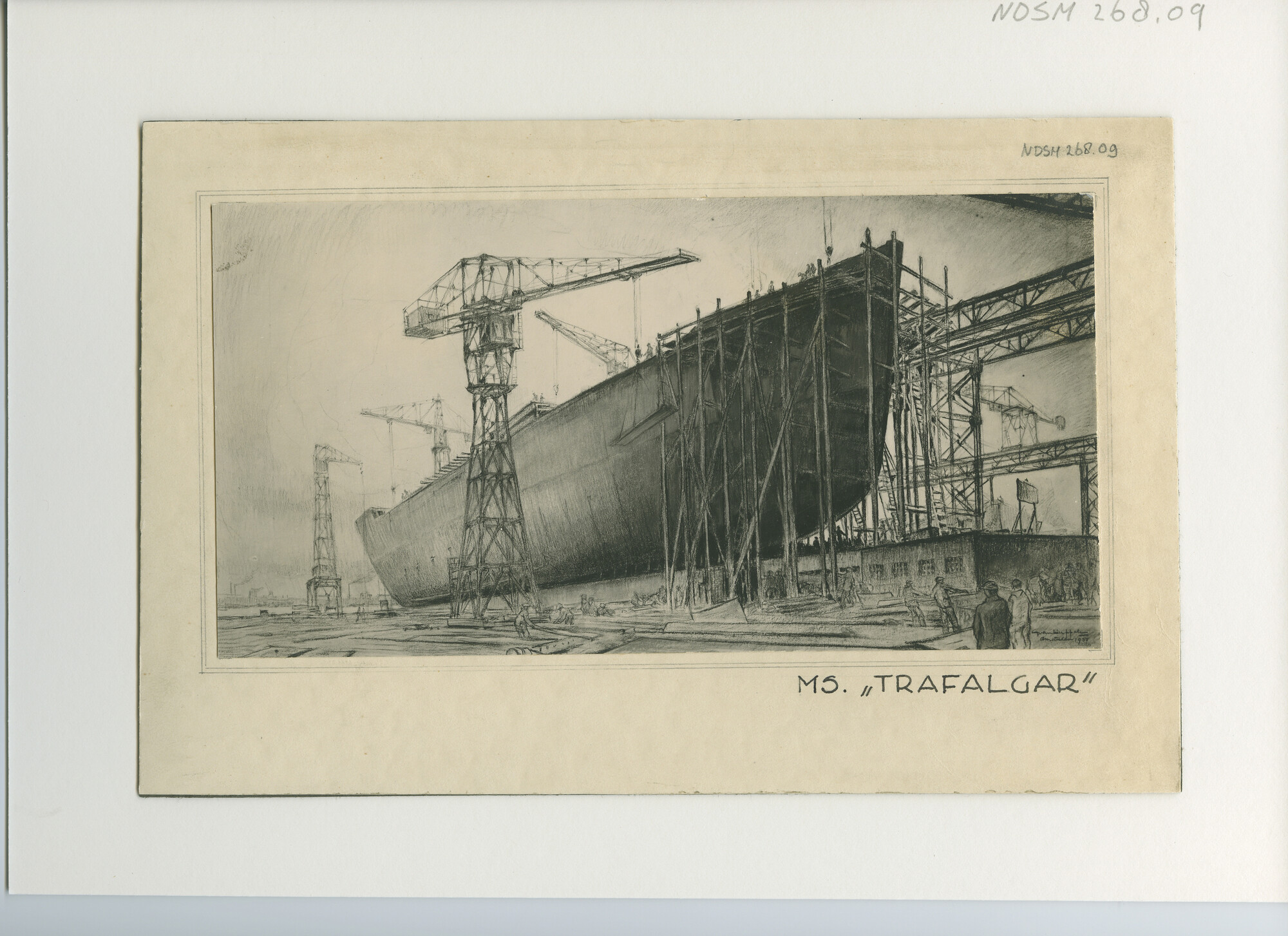 S.5444(01389); Een foto van een tekening van het vrachtschip ms "Trafalgar" in aanbouw; foto