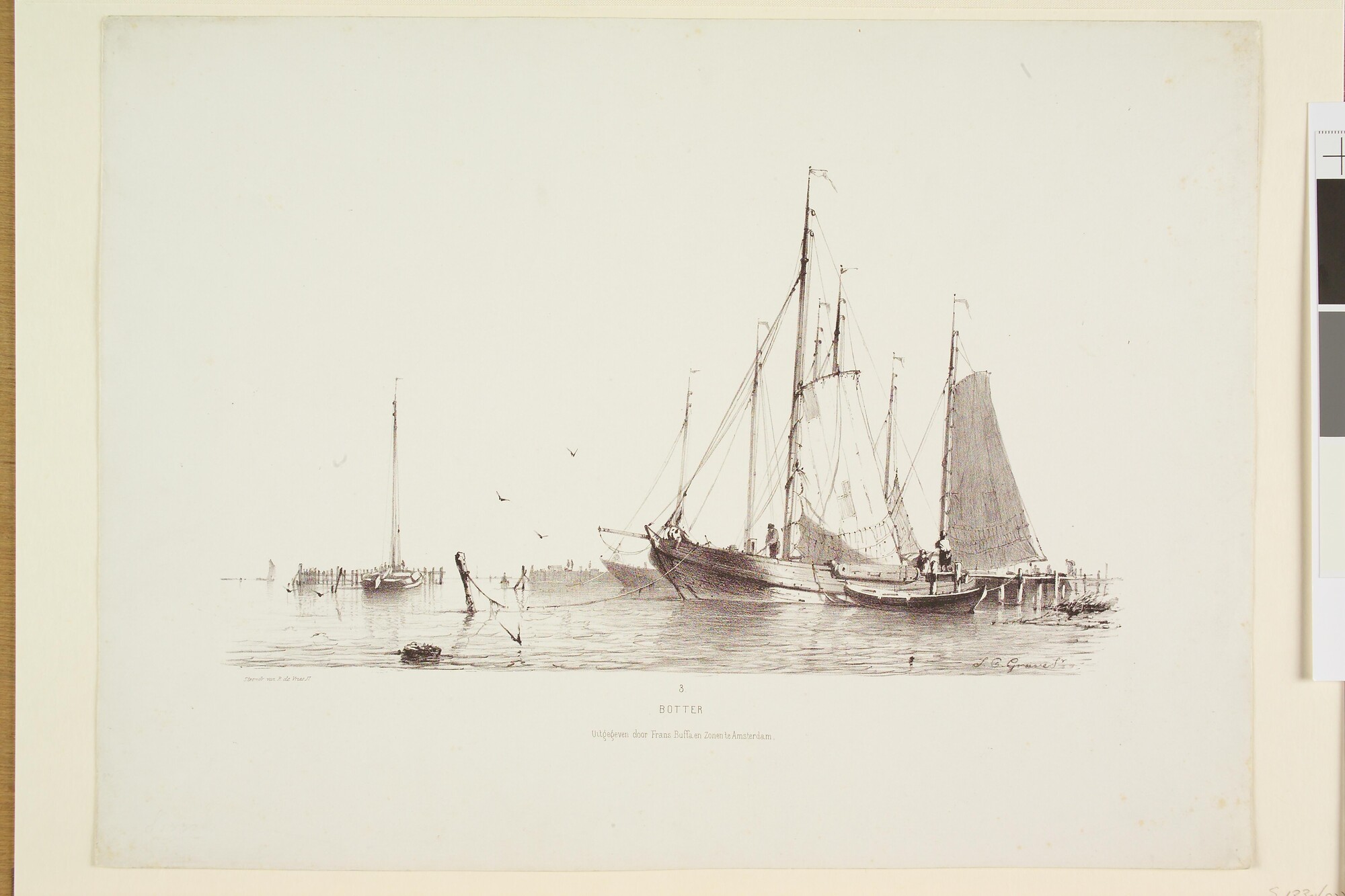 S.1330(03); Prentserie 'Studien van Hollandsche Schepen', nummer 3: een botter voor anker; prent