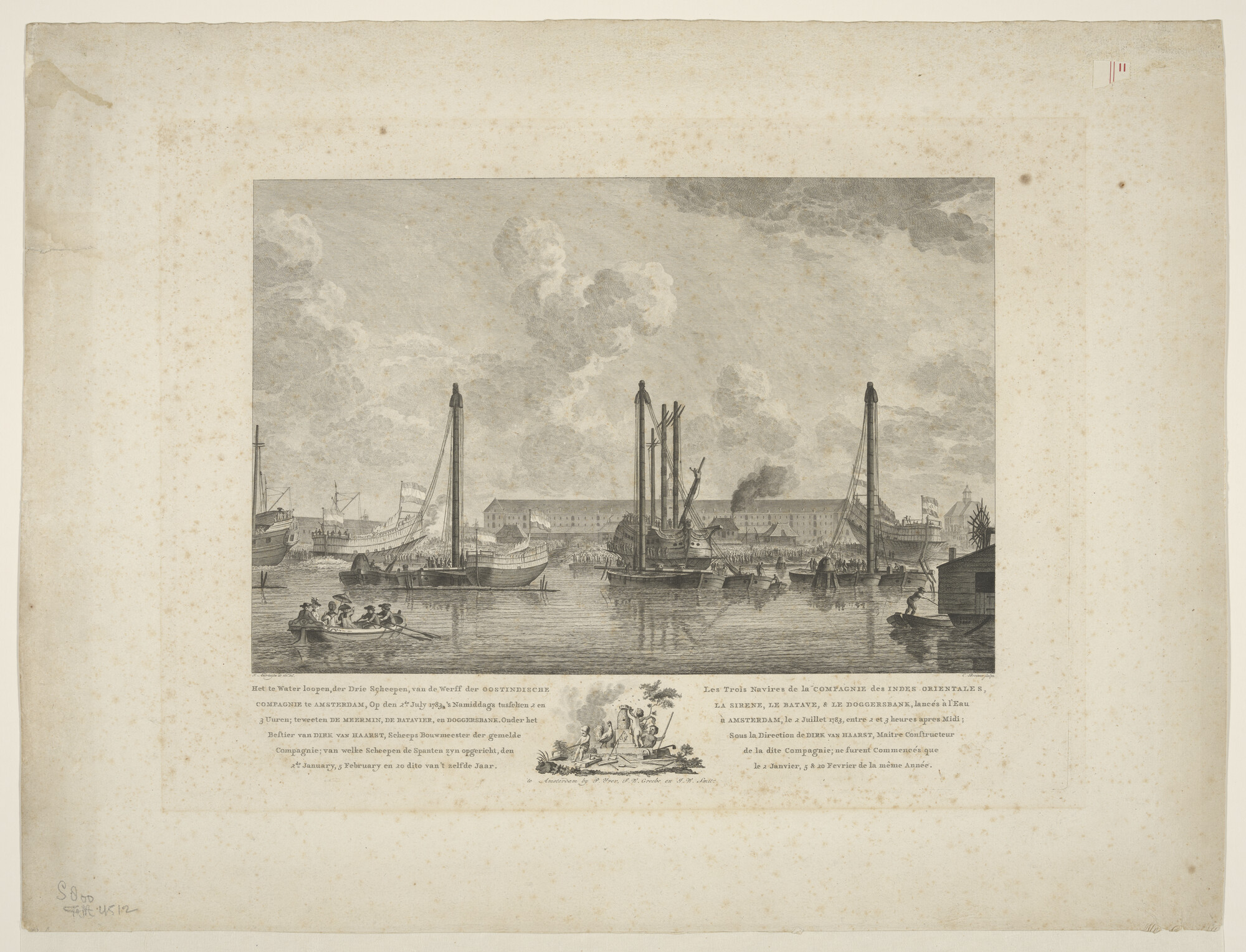 S.0800; Het te water lopen van de drie schepen "Meermin", "Batavier" en "Doggersbank", voor de werf van de V.O.C. te Amsterdam; prent