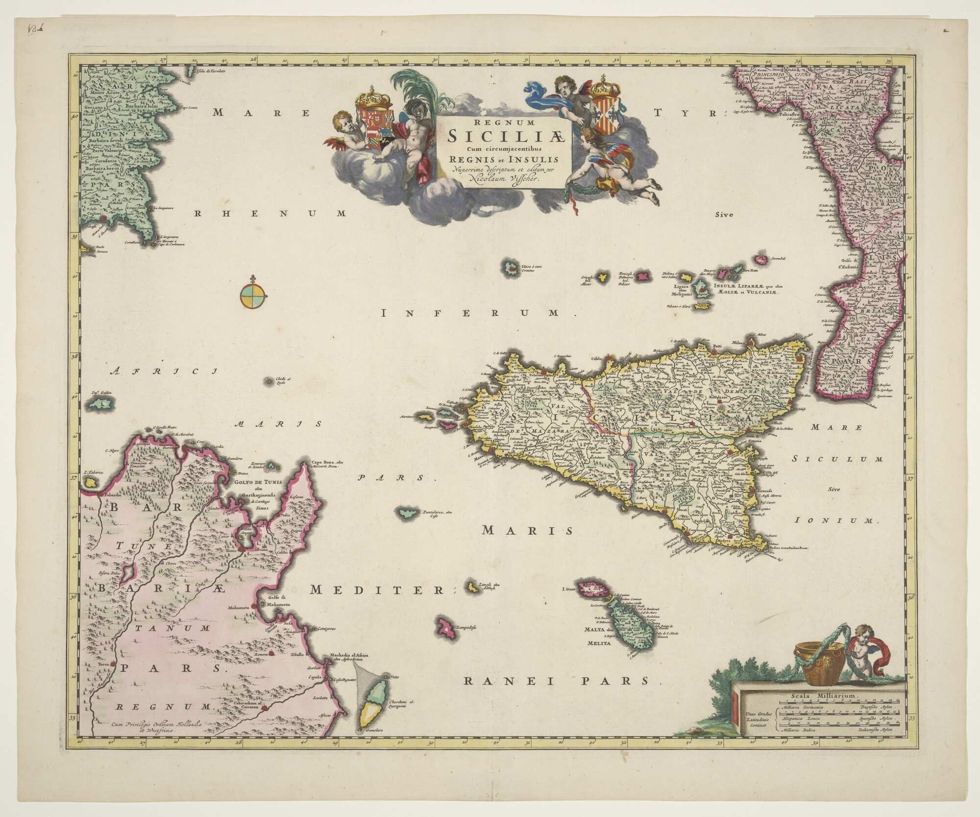 A.3845(01)039; Met de hand gekleurde kaart van Sicilie, door Nicolaas Jansz Visscher (1649 - 1702), Amsterdam, circa 1698; landkaart