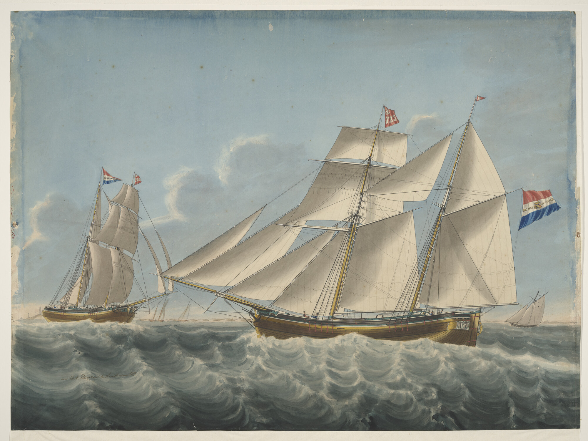 A.0037(04); Het kofschip 'De Drie Aurelia's' uitzeilende bij Vlieland; tekening