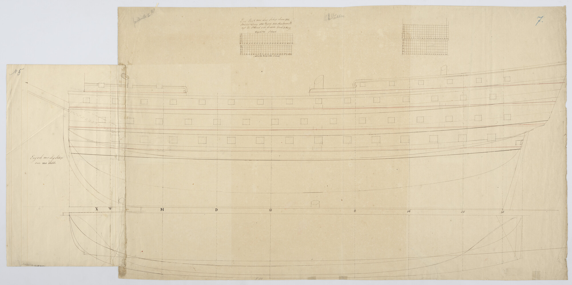 S.0305(03); Lijnenplan van een  Engelse driedekker van 102 stukken; technische tekening