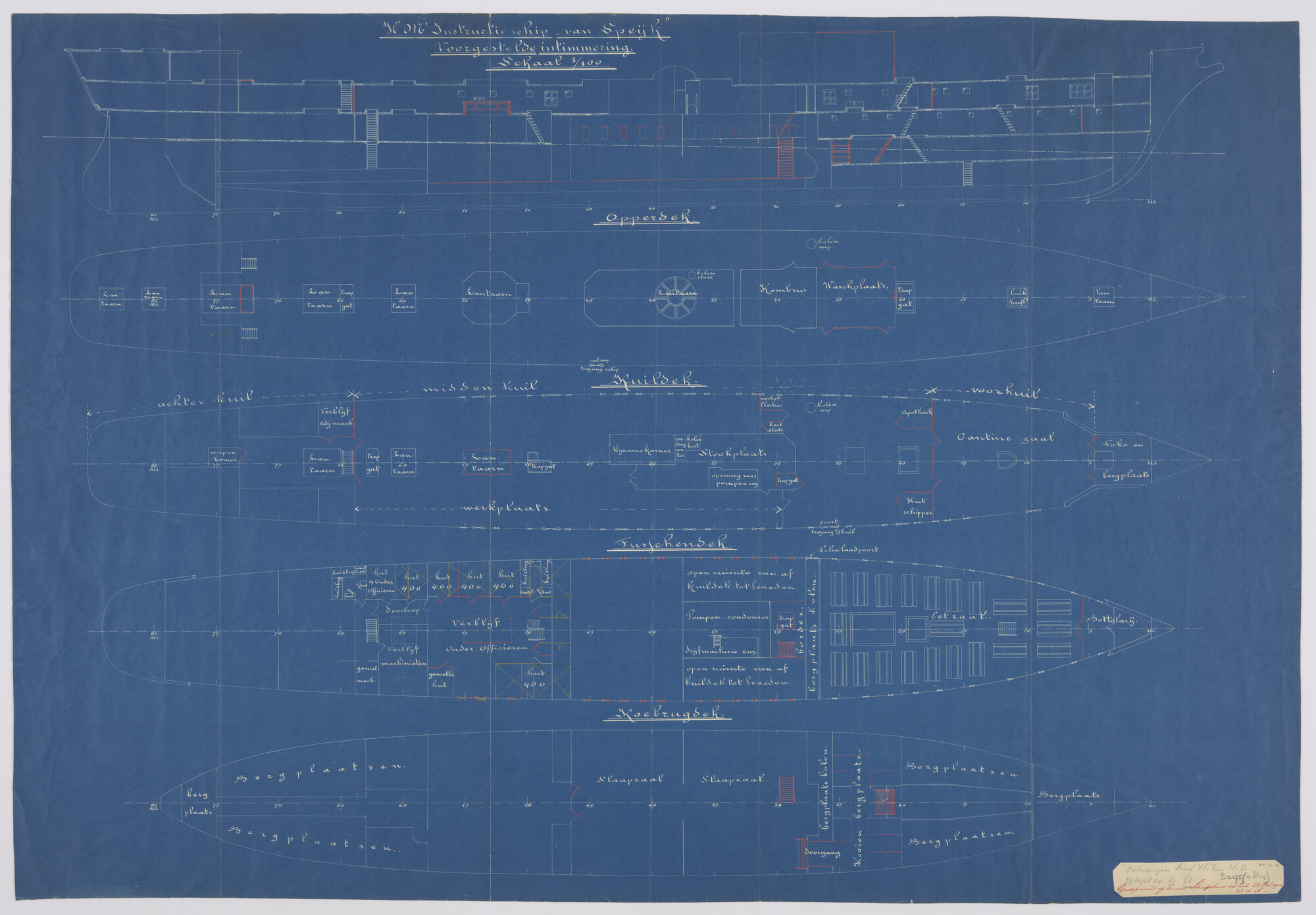S.2175(0814); Indelingstekening van opperdek, kuildek, tussendek en koebrugdek van het instructieschip Hr.Ms. Van Speyk; technische tekening