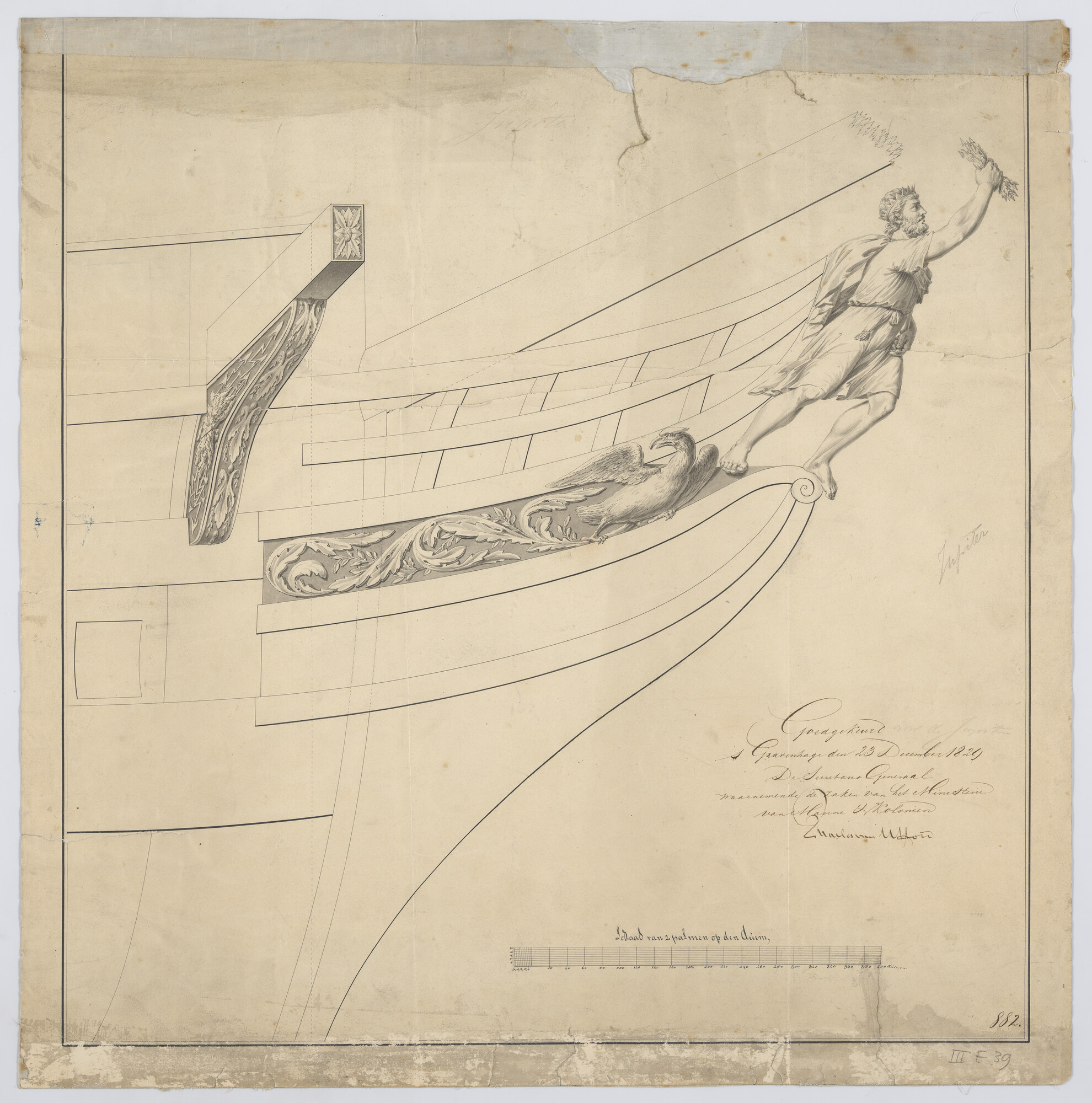 S.1214(0265); Scheg van het linieschip Zr.Ms. 'Jupiter'; technische tekening