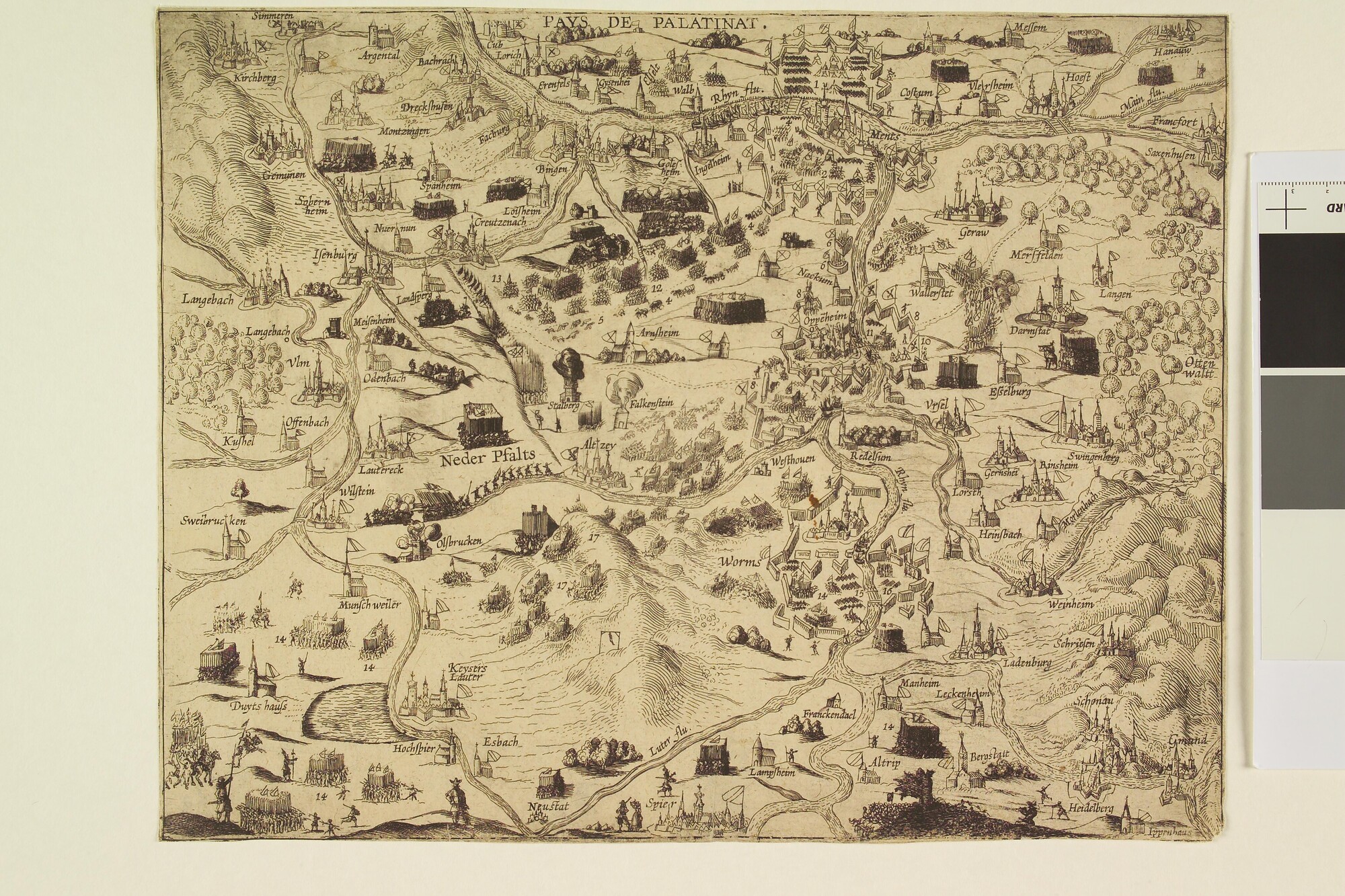 A.0145(027)420; Kaart van de Palts, met oprukkende legers, omstreeks 1620; prent