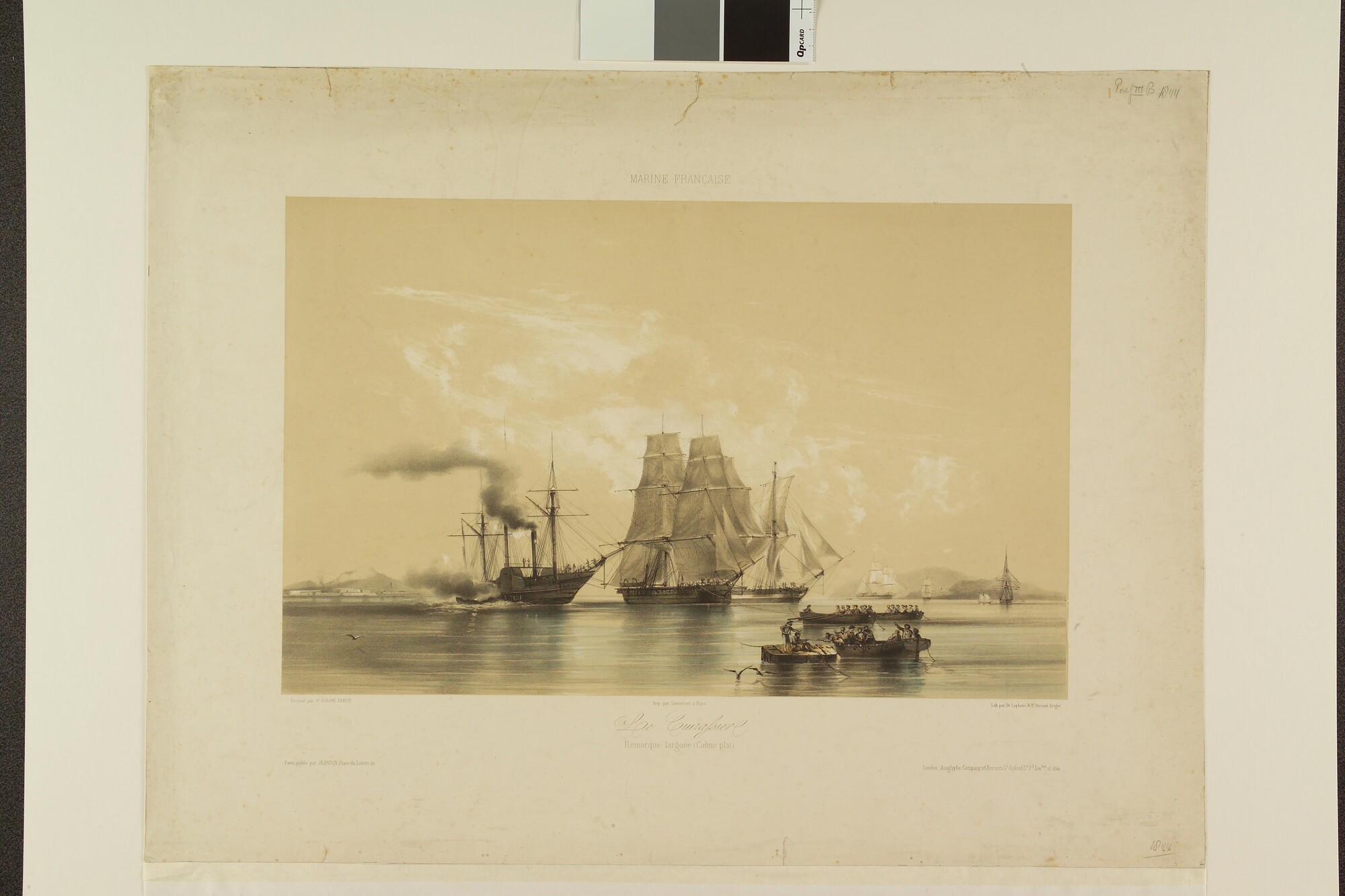S.2284(19); Gezicht op een rede met een raderstoomschip en een brik; prent