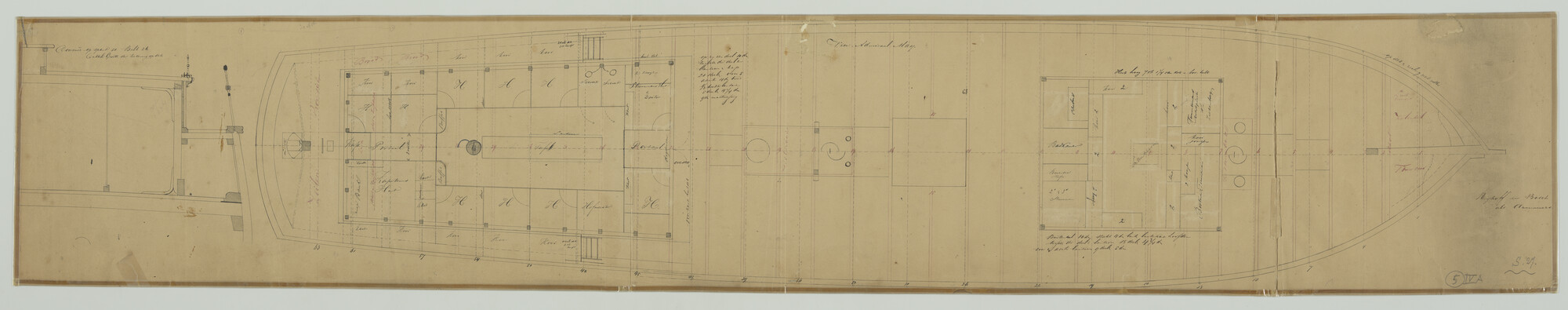 S.0027(019); Indeling dekhuizen van het barkschip 'Vice Admiraal May'; technische tekening