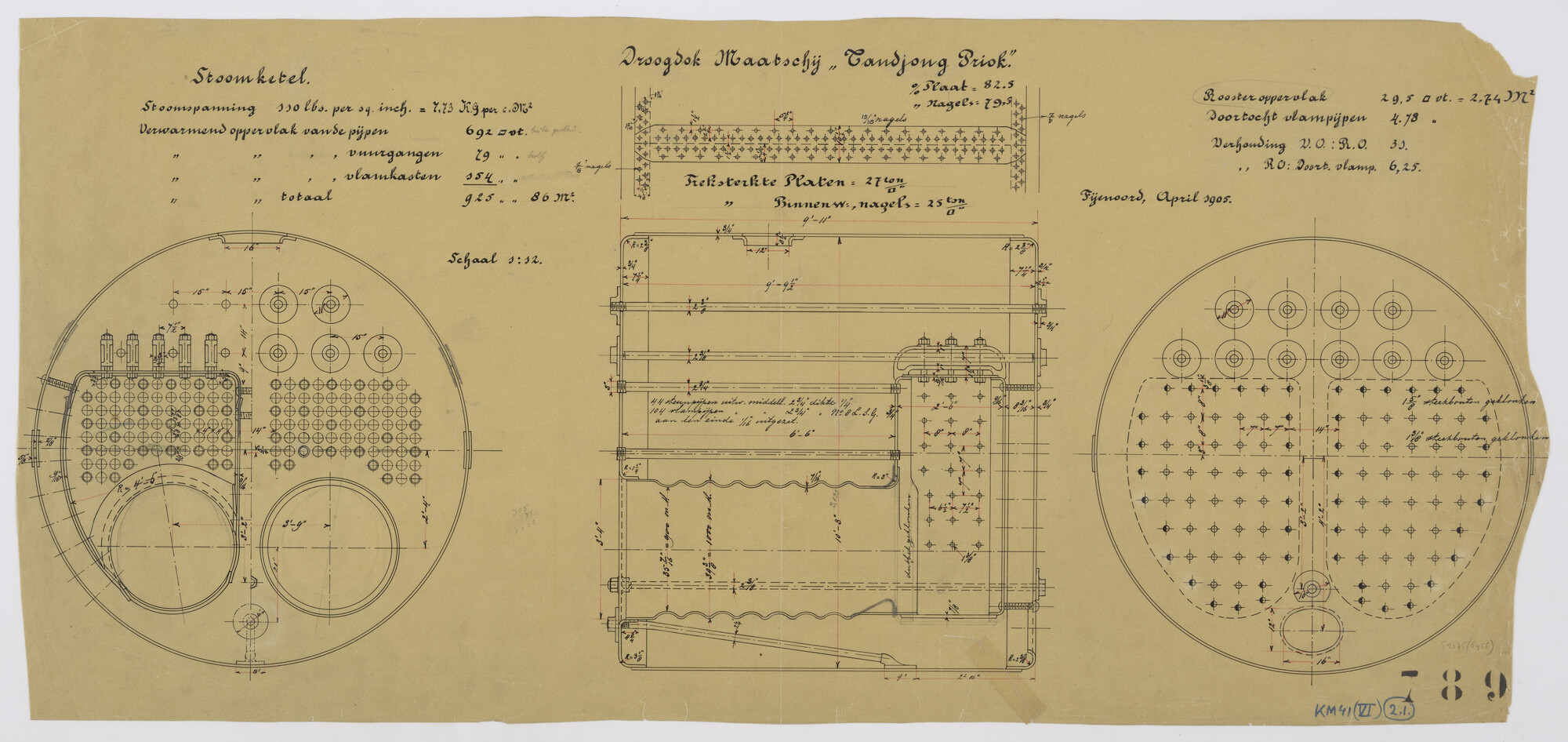 S.2175(5455); Doorsneden van een stoomketel voor de Droogdok Maatschappij 'Tandjong Priok'; technische tekening