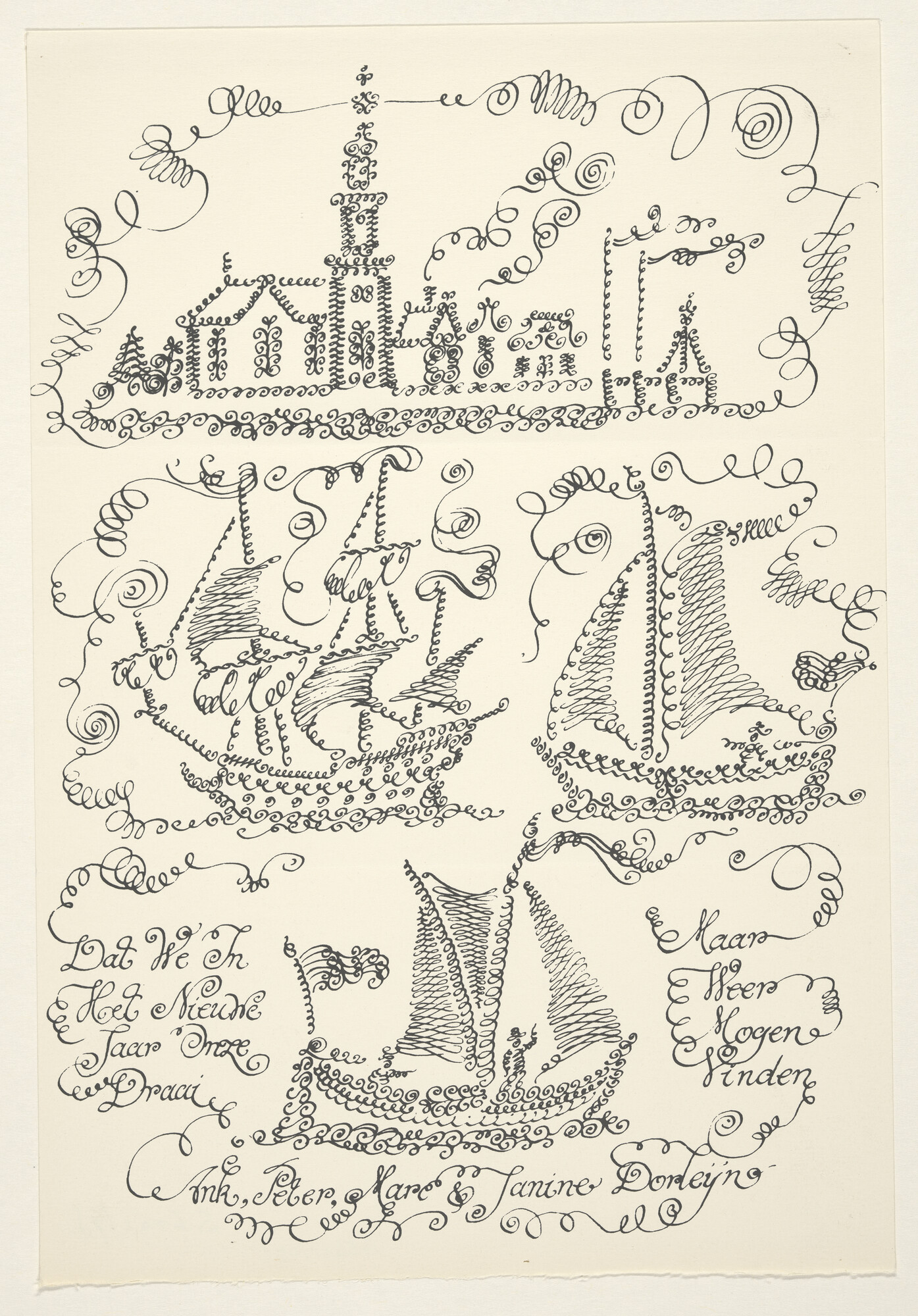 A.5461(07); Nieuwjaarswens van Peter Dorleyn en zijn gezin: calligrafische tekeningen van; prent