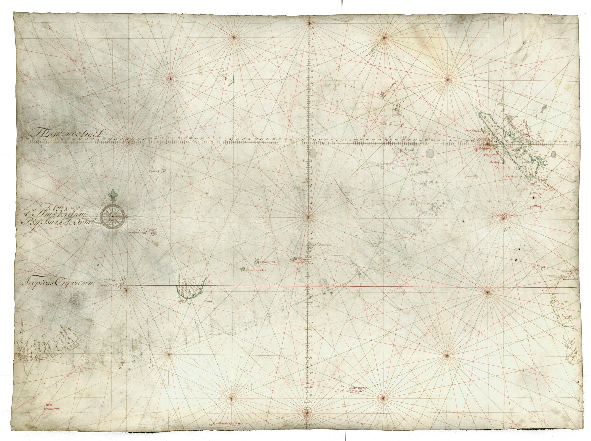 A.0145(127)5; Zeekaart van de Indische Oceaan met een deel van zuid Afrika, zuid Madagaskar, Sumatra en een deel van de westkust van Australië; perkamentkaart