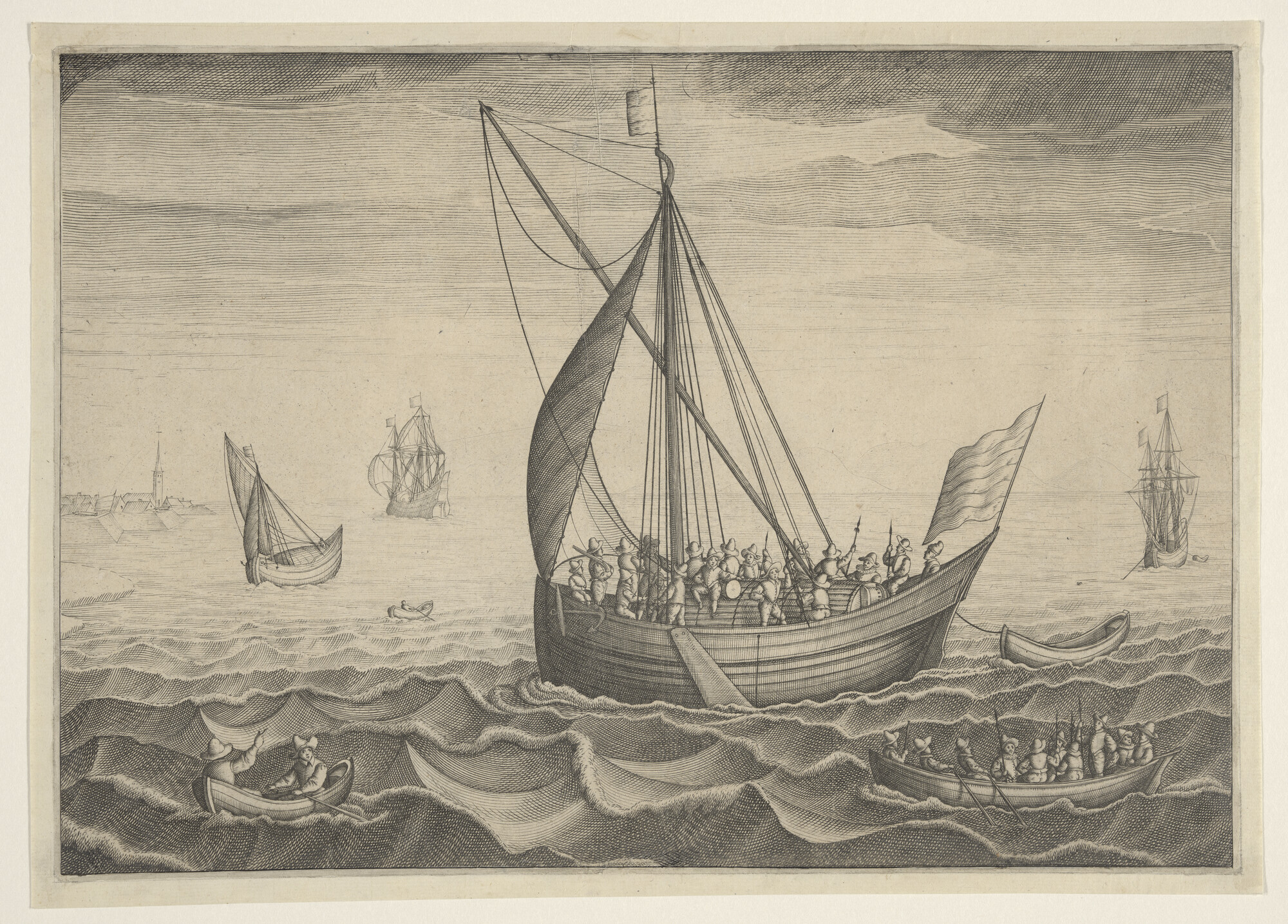 A.5177(06); Een binnenschip of veerschip met een vendel piekeniers; prent