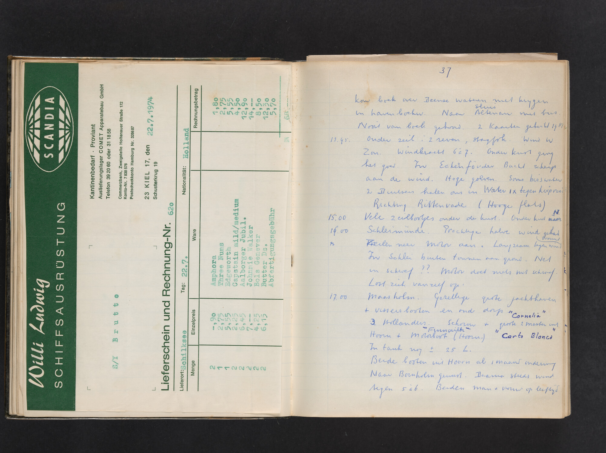 2017.0802; Logboek c.q. fotoalbum van reizen met zeeschouw Grutto (II) in Nederland, Duitsland en Denemarken, 1973-1974; logboek