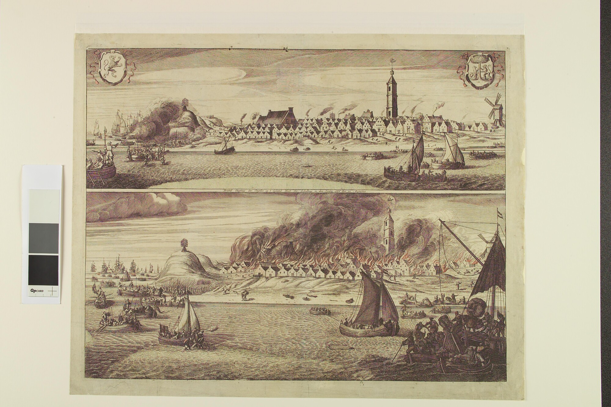 A.1448; Brandstichting van de Engelsen op het eiland West-Terschelling; prent