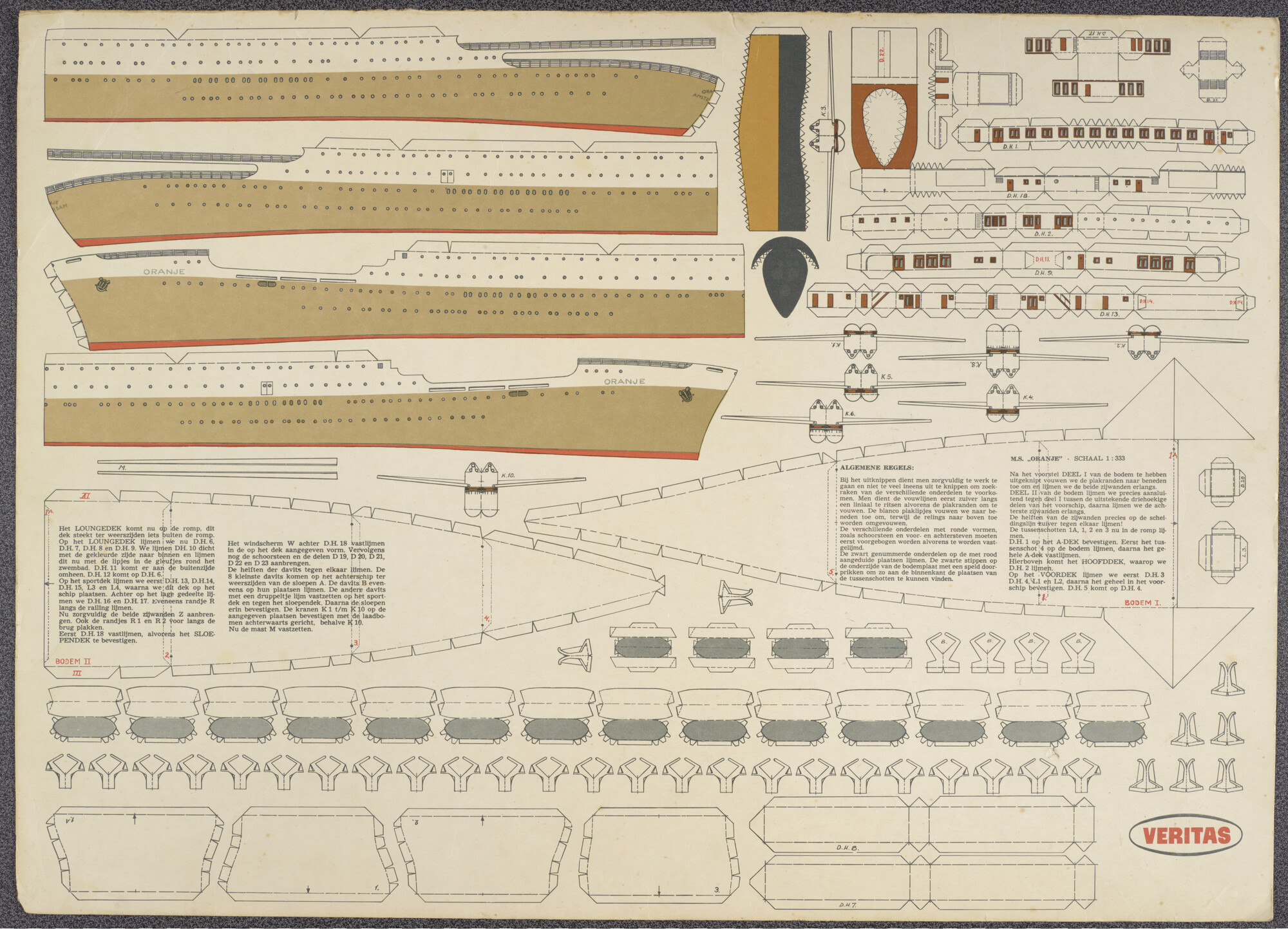 1995.1208; Bouwplaat voor een papieren model van het ms. Oranje; bouwplaat