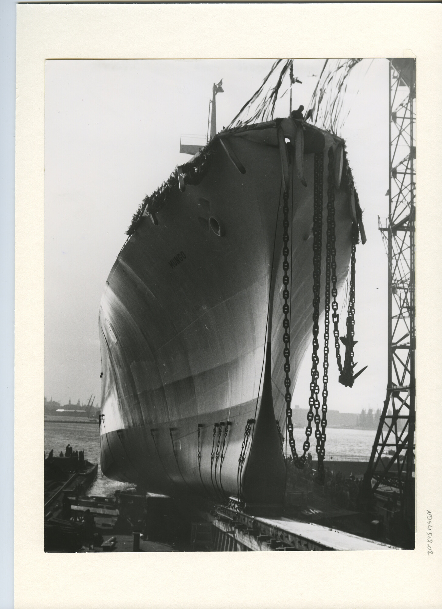 S.5444(2907)2; Foto van de tewaterlating van het Franse koelschip ms. Mungo bij de NDSM; foto