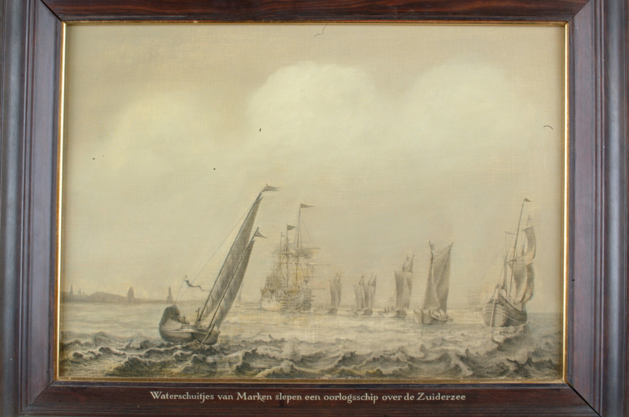 A.1707; Het slepen van een oorlogsschip door Marker waterschepen over de Zuiderzee; schilderij