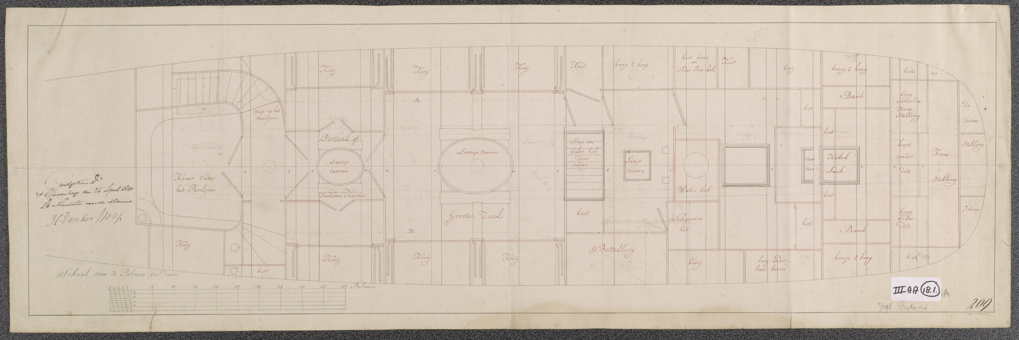 S.1214(0112); Indelingsplan van het jacht 'Batavia'; technische tekening