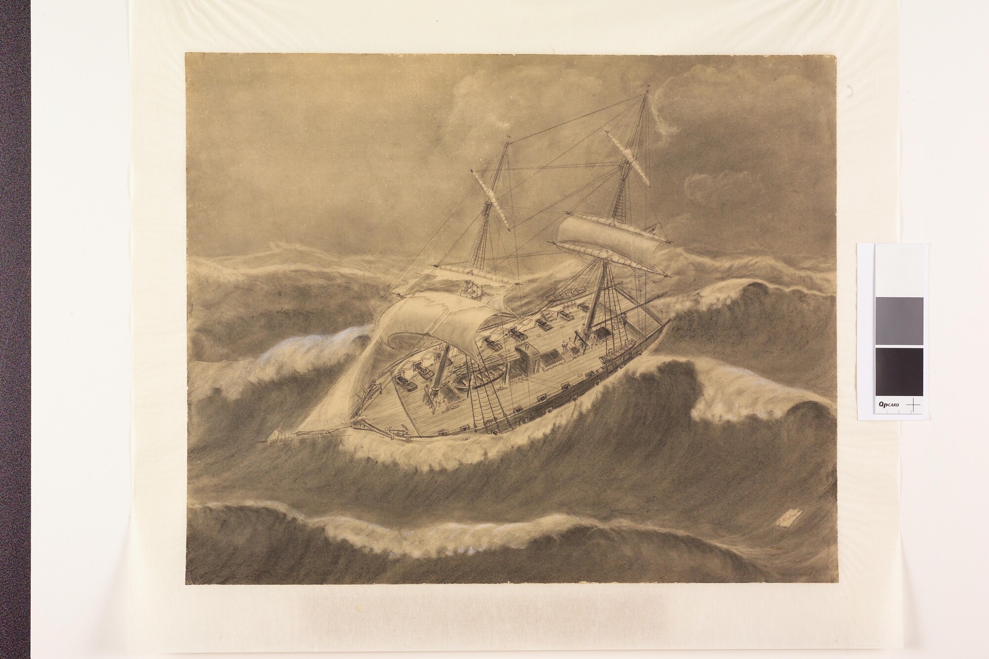 A.5781(01); De brik Zr.Ms. 'Haai' met gescheurd bij zwaar weer in de Caribïsche zee; tekening