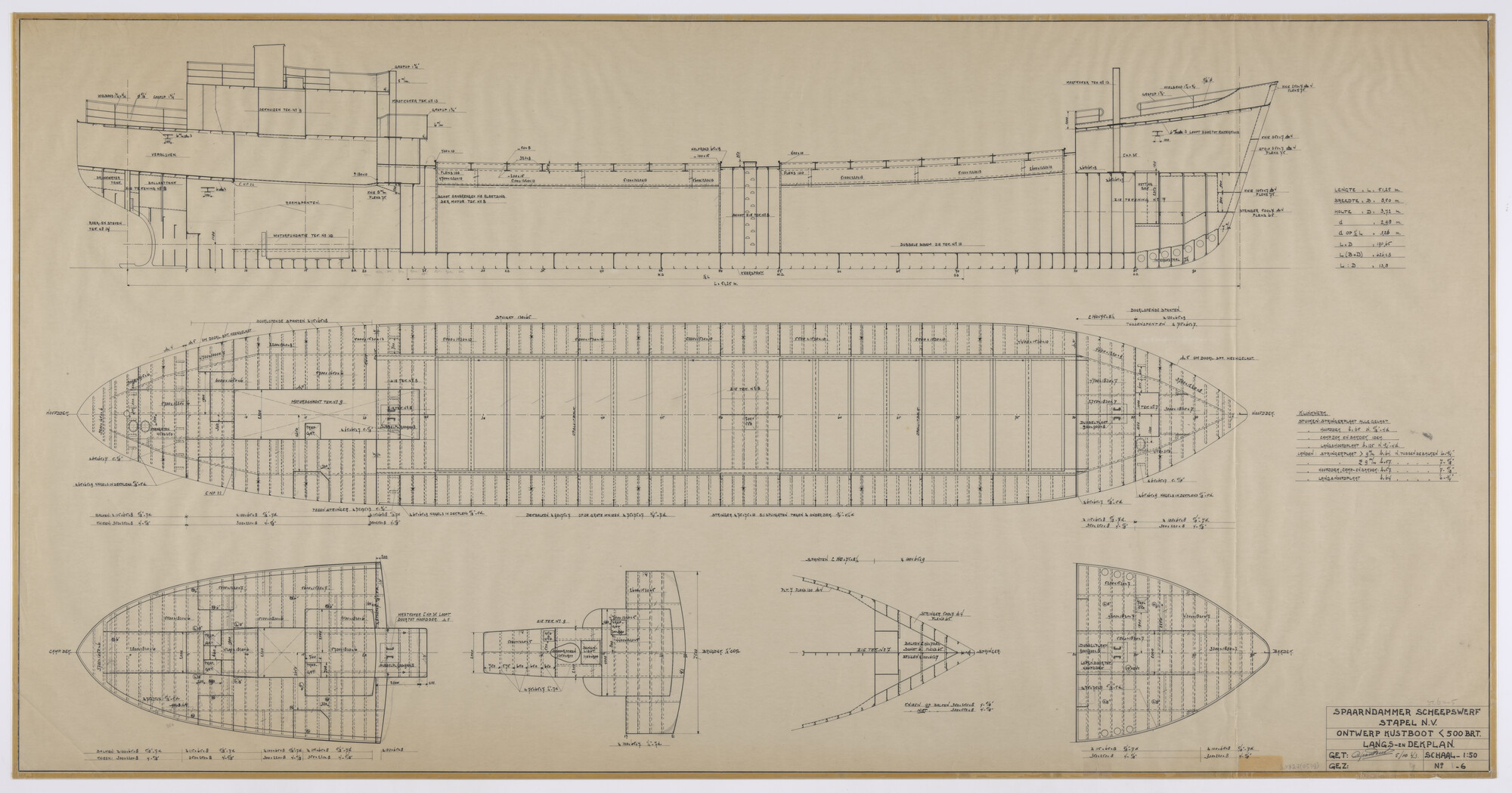 S.4827(0599); Constructietekening van een kustboot van meer dan 500 BRT; technische tekening