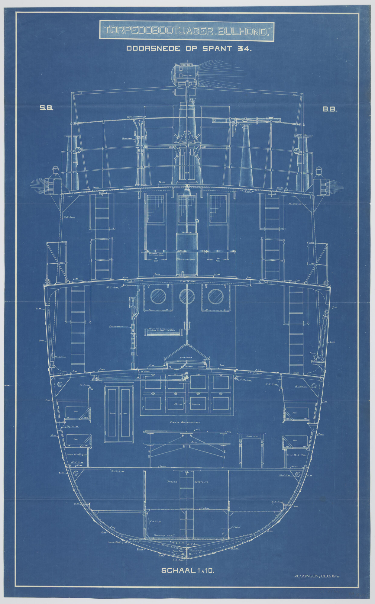 S.2175(3635); Dwarsdoorsnede over spant 34 aan boord van de torpedobootjager Hr.Ms. 'Bulhond'; technische tekening