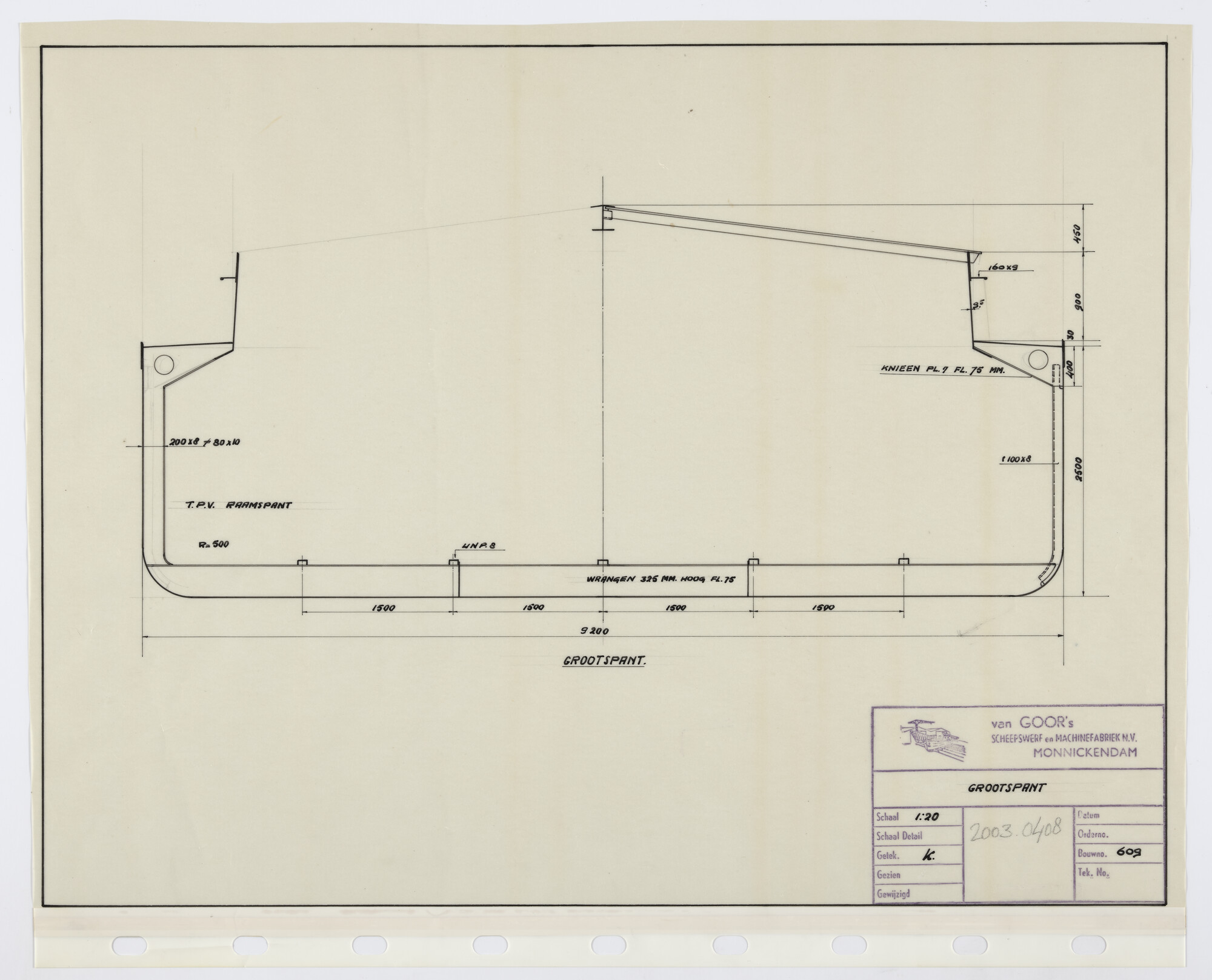2003.0408; Grootspant van het voorschip van een 79.50 meter lang motorvrachtschip; technische tekening
