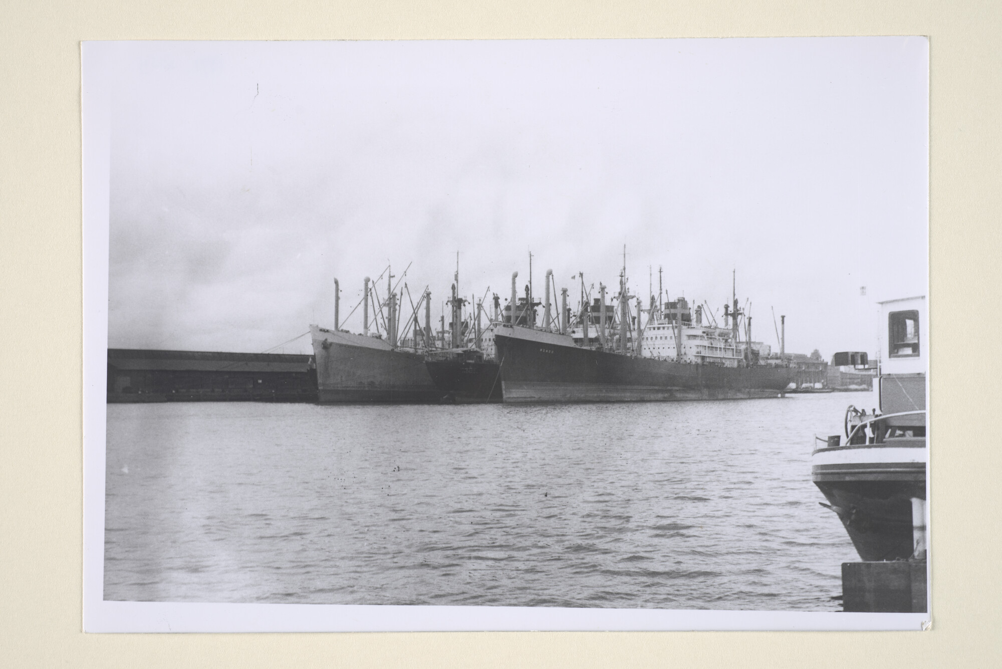 1995.5059; Het vrachtschip ss. 'Rondo' van de SMN, samen met ondermeer het vrachtschip 'Rotti' opgelegd te Amsterdam in 1971; foto