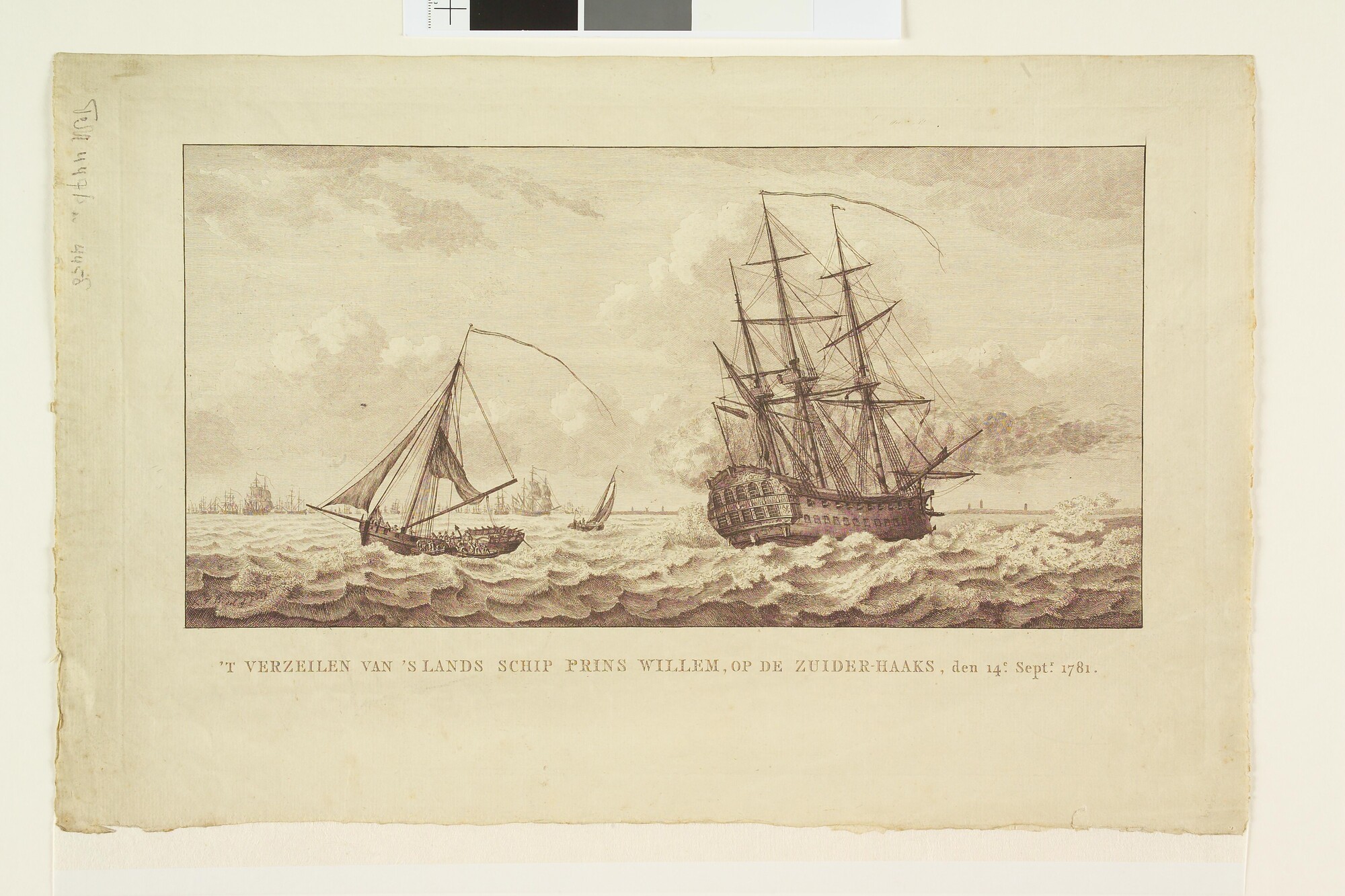 A.0149(0690); Het aan de grond lopen van de 'Prins Willem' op de Zuiderhaaks, 1781; prent