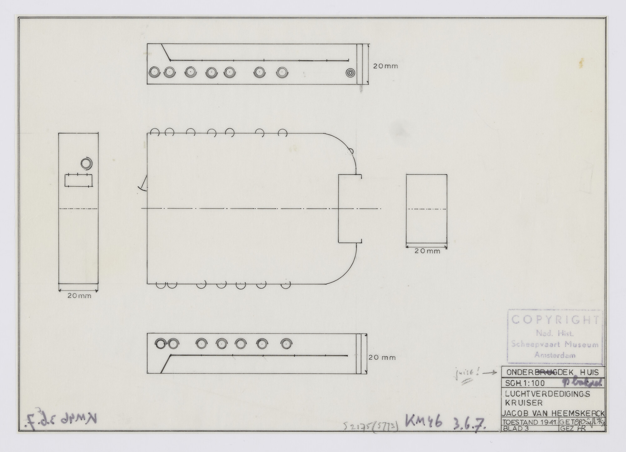 S.2175(5773); Doorsneden en aanzichten van het onderbrugdek van de luchtverdedigingskruiser Hr.Ms. 'Jacob van Heemskerck' (1941); technische tekening