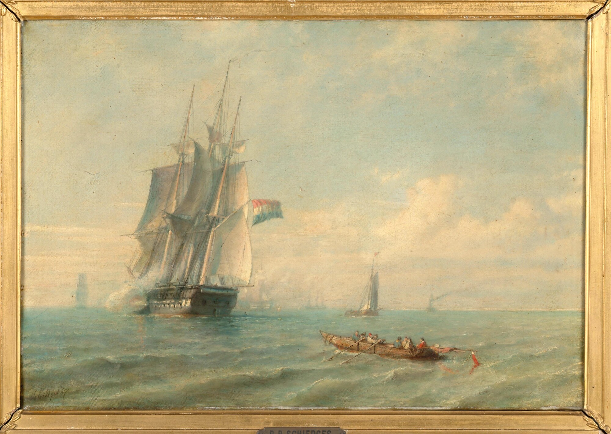 S.0700; Een Nederlands oorlogsfregat met het geschut saluerend; schilderij