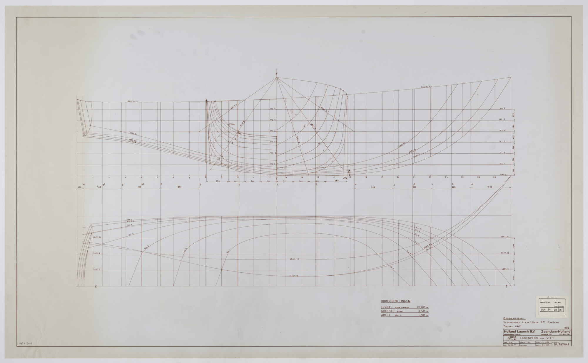 2013.0540; Lijnenplan van de meetvlet Bellona van 11.05 meter; technische tekening