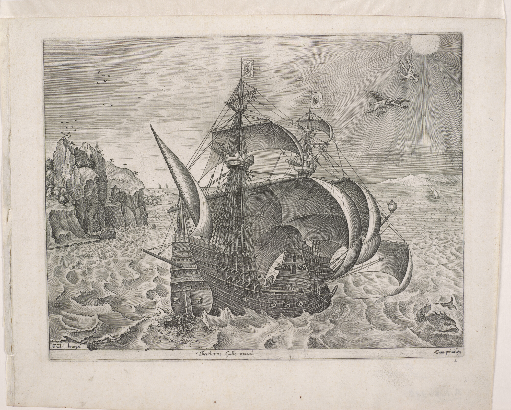 A.0149(0190); Een oorlogsschip dat naar rechts zeilt en de val van Icarus; prent