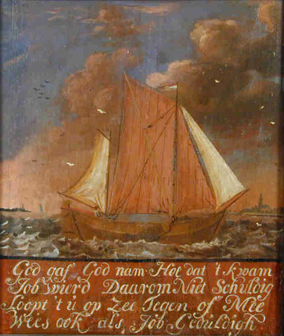 RB.0737(02); Beschilderd paneel met afbeelding van een binnenvaartschip bij een kust; schilderij