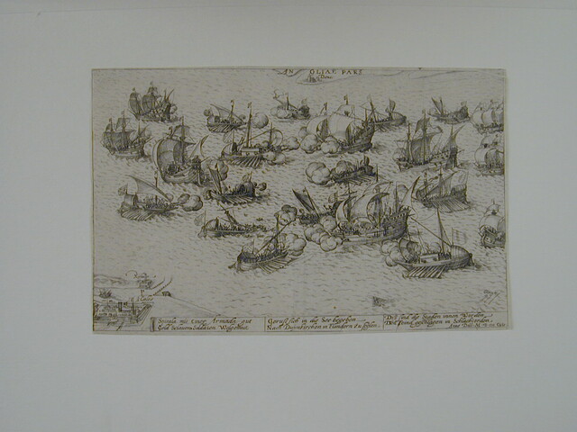 A.0145(027)387; Vernieling van zes Spaanse galeien in het Nauw van Calais; prent