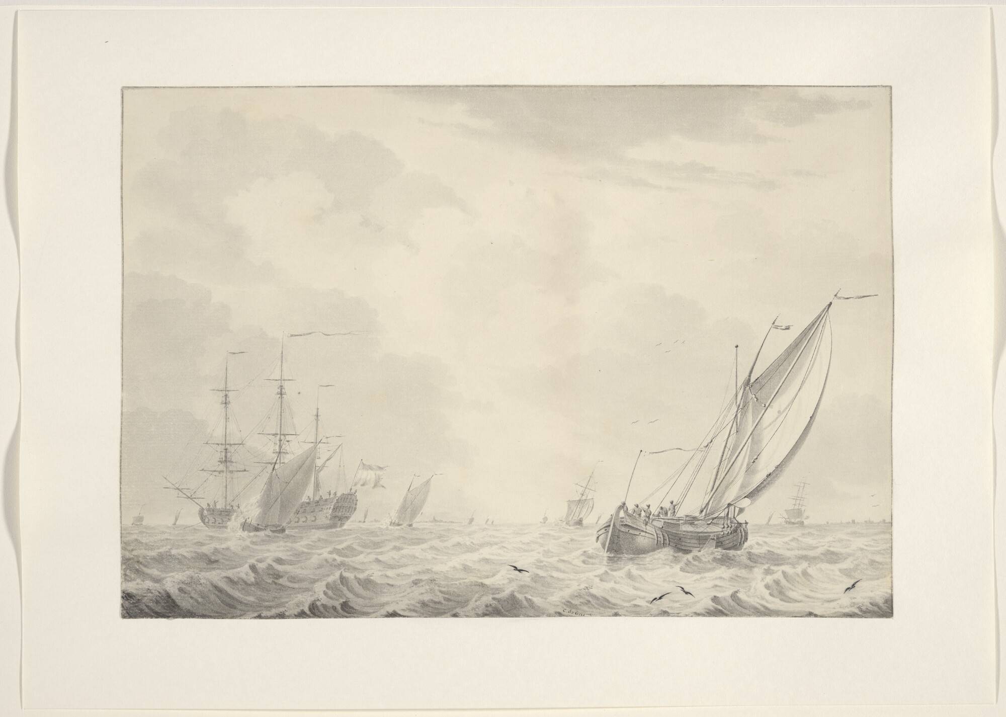 A.3433; Een hektjalk en een linieschip op een rede; tekening