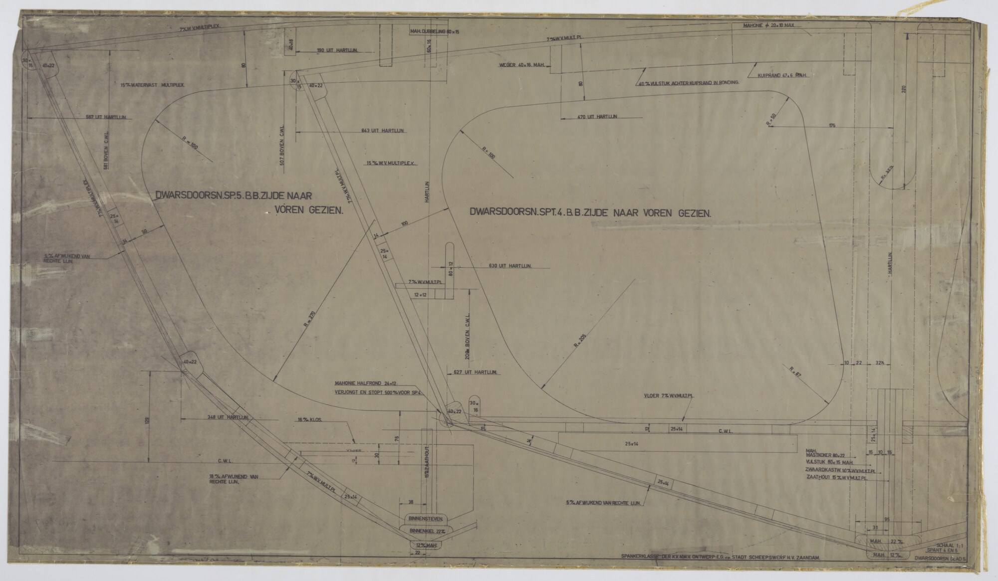 2015.5017; Dwarsdoorsneden over de constructie van de open houten knikspant zeilboot met midzwaard Van de Stadt Spanker; technische tekening