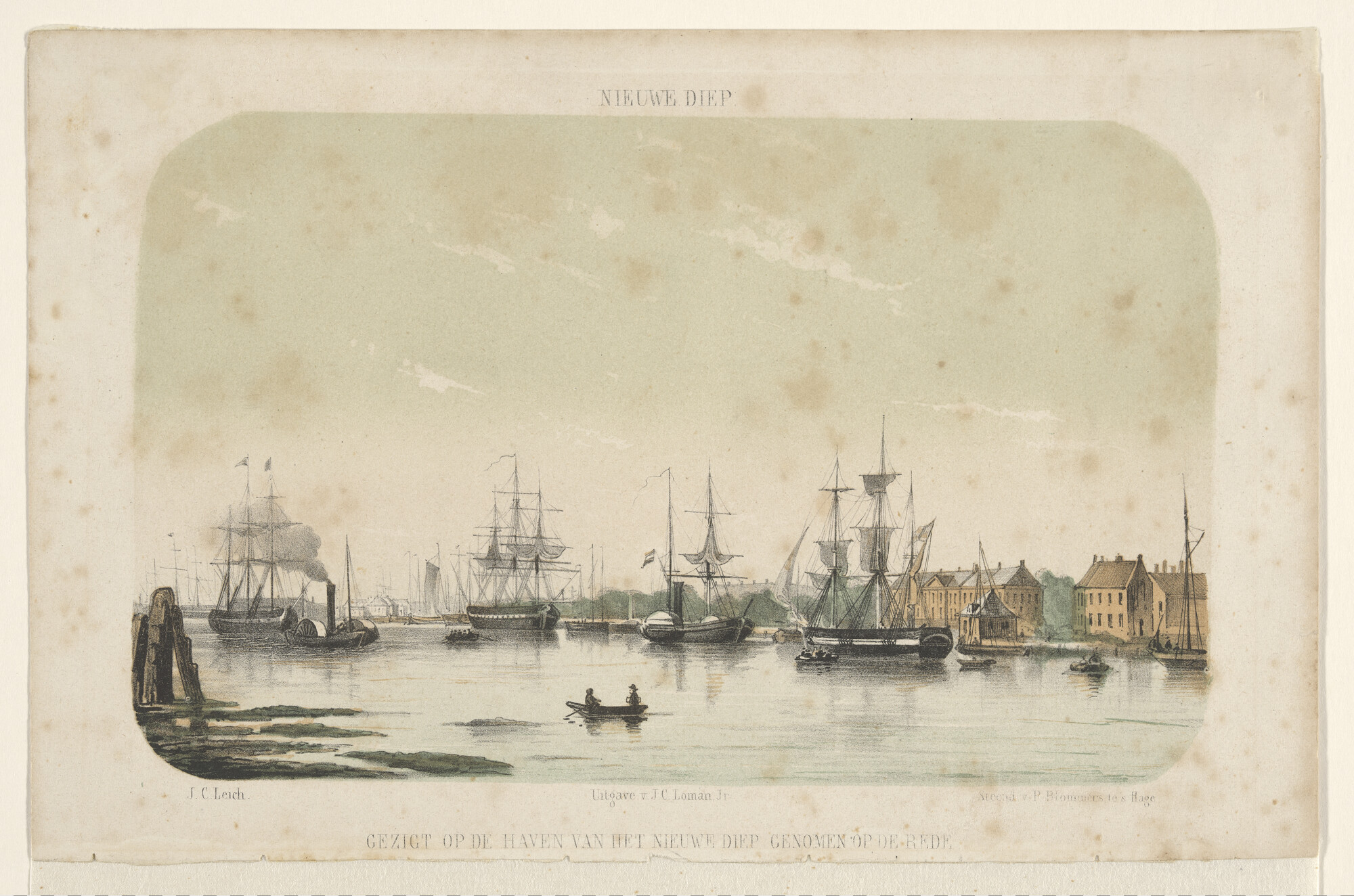 A.0356(61); Lithografie van de haven van het Nieuwe Diep, met drie driemasters en twee stoomraderschepen; prent