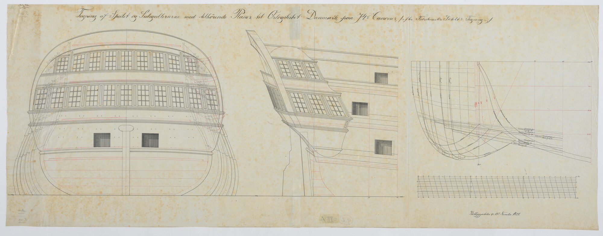 S.0247(13); Detailtekening van de spiegel van een Deens oorlogsschip van 74 stukken; technische tekening