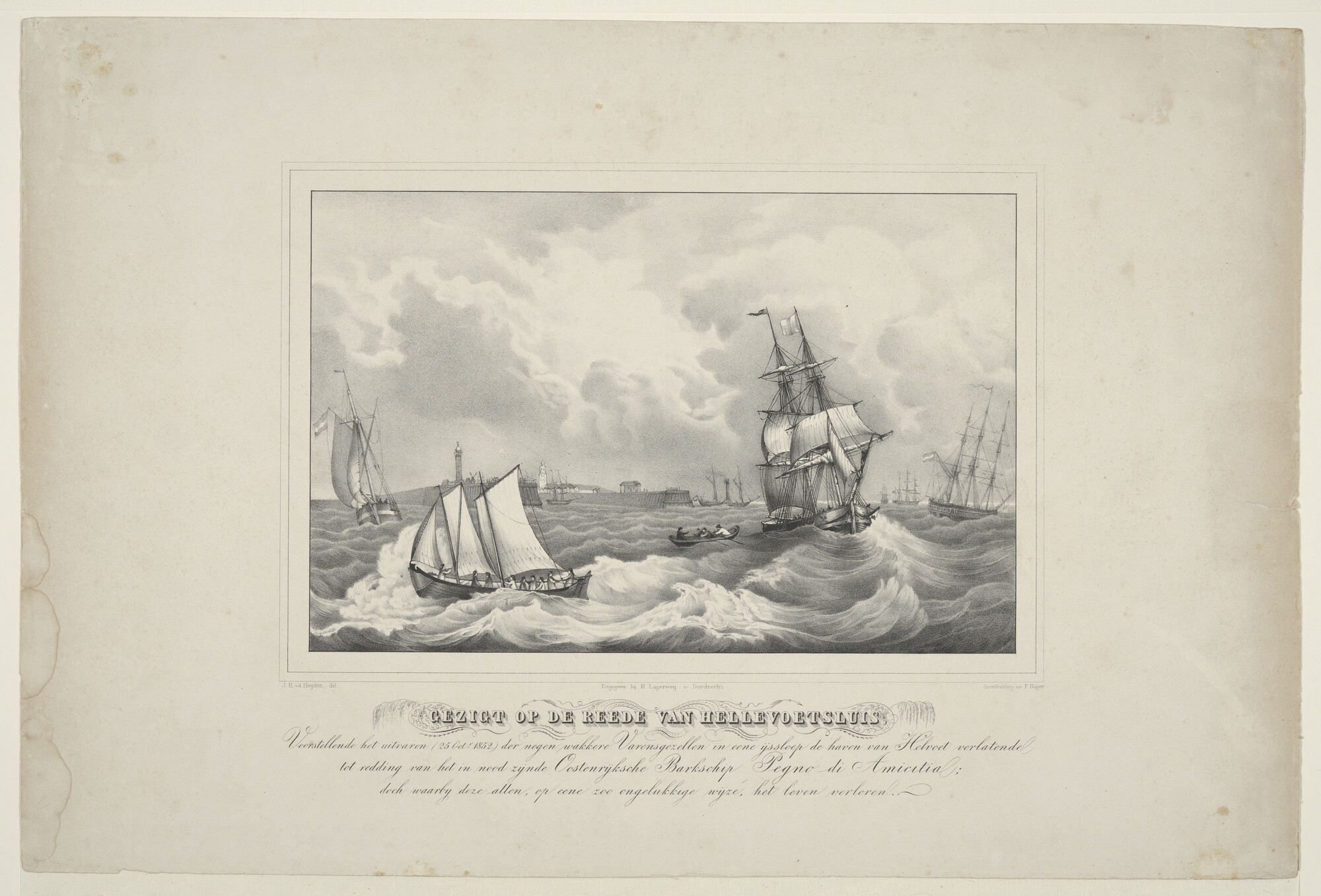 A.0354(01); Vertrek van een reddingsloep uit Hellevoetsluis met het doel hulp te bieden; prent