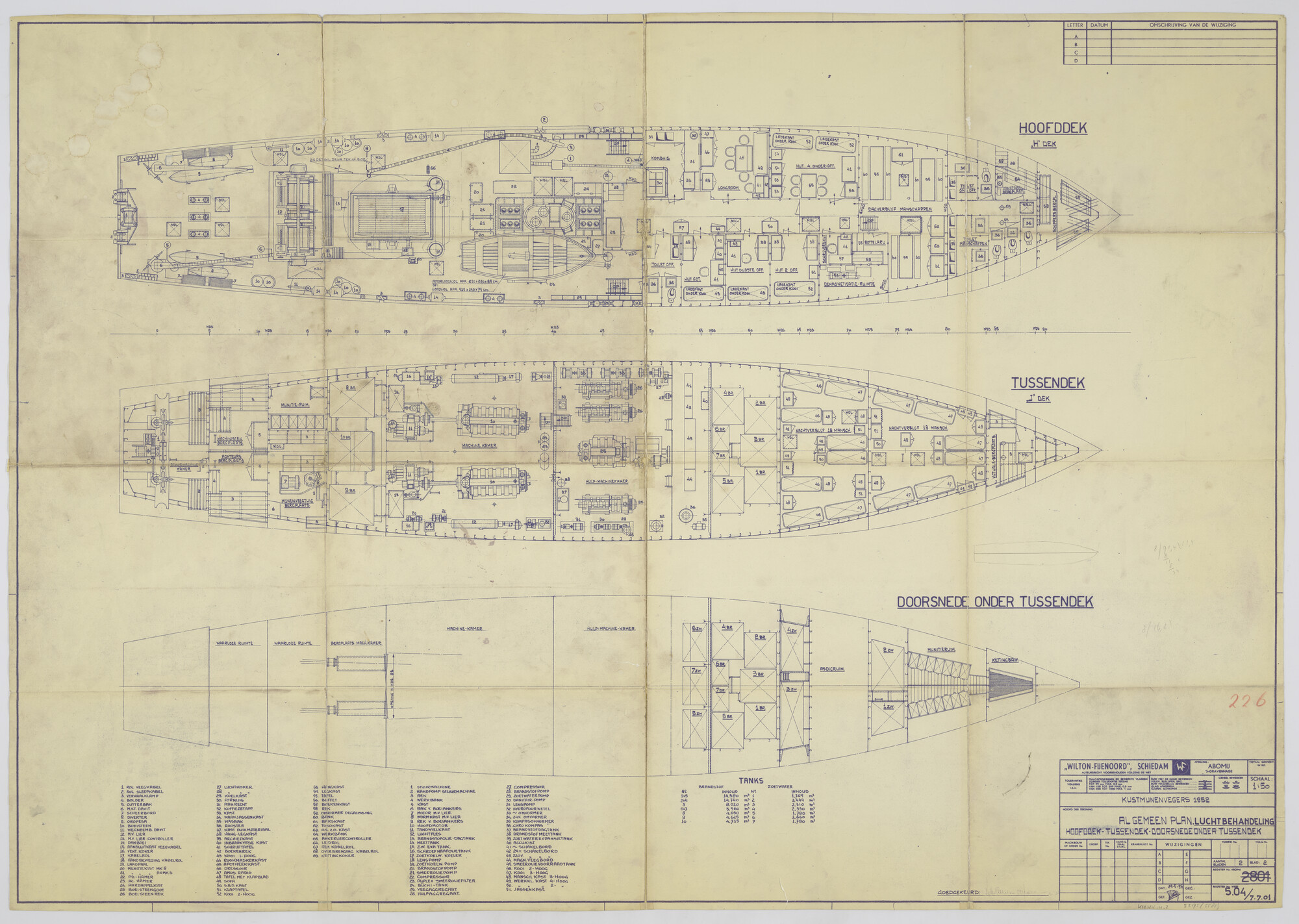 S.2175(5581); Indelingstekening van het hoofddek, het tussendek en het ruim van een houten kustmijnenveger uit de 'Dokkum'/'Wildervank' klasse (32 schepen, in Nederland gebouwd, 1954-1957); technische tekening