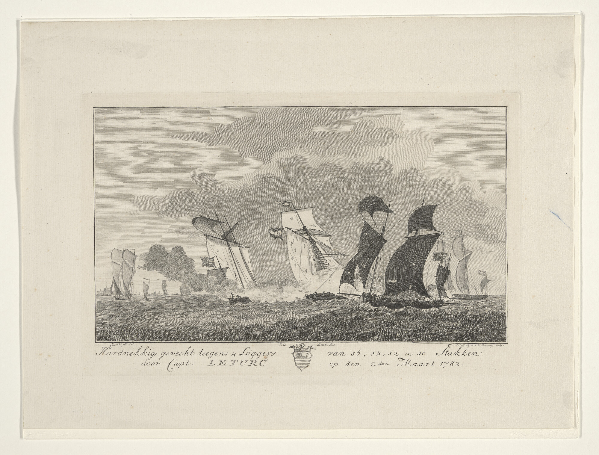 A.1802(05)d; Gevecht tussen Kapitein Pieter le Turc en vier Engelse loggers in 1782; prent