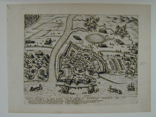 A.0145(027)332; Kaart van Oostende en omgeving, tijdens de belegering door Albertus van Oostenrijk, 1601; prent