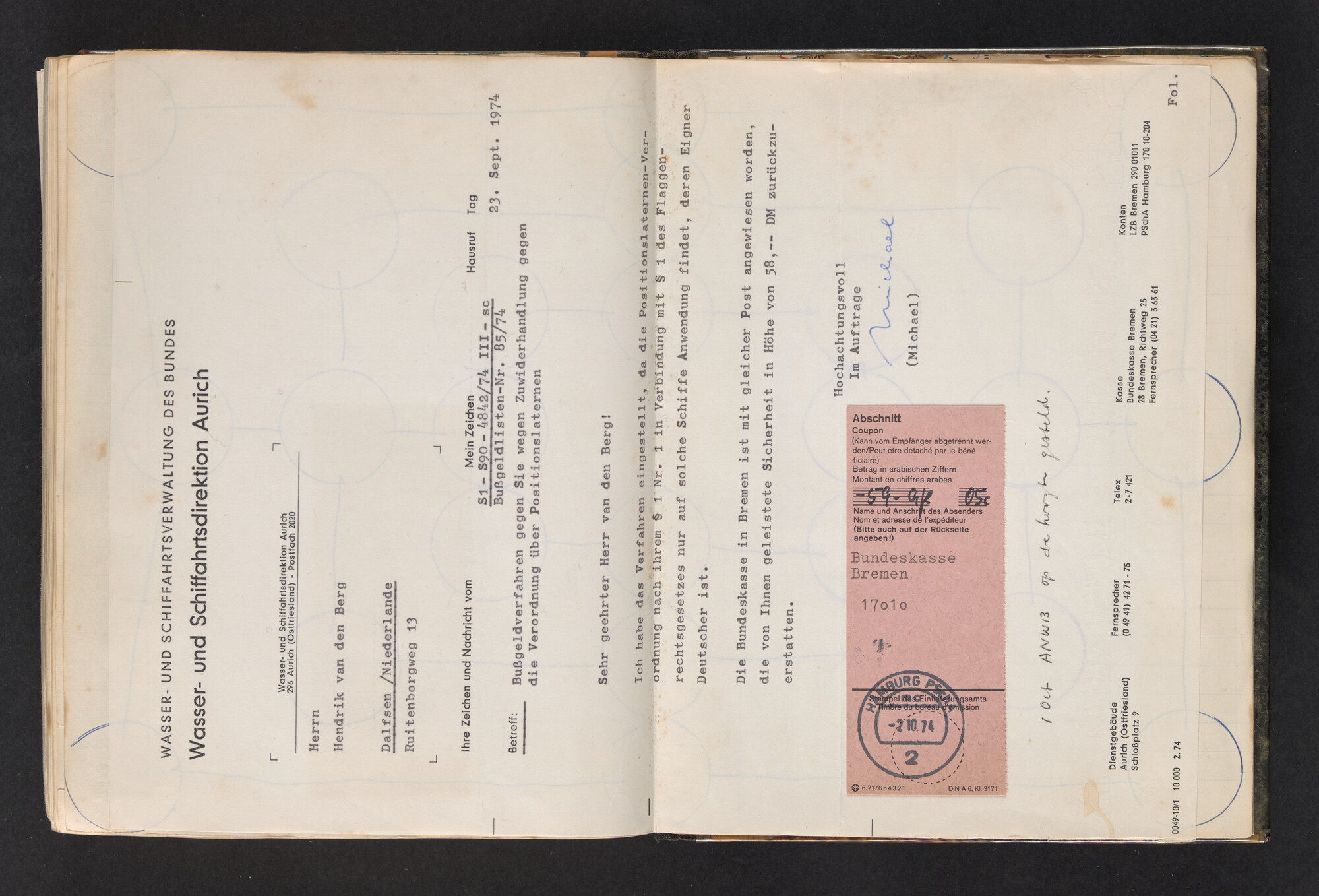 2017.0802; Logboek c.q. fotoalbum van reizen met zeeschouw Grutto (II) in Nederland, Duitsland en Denemarken, 1973-1974; logboek
