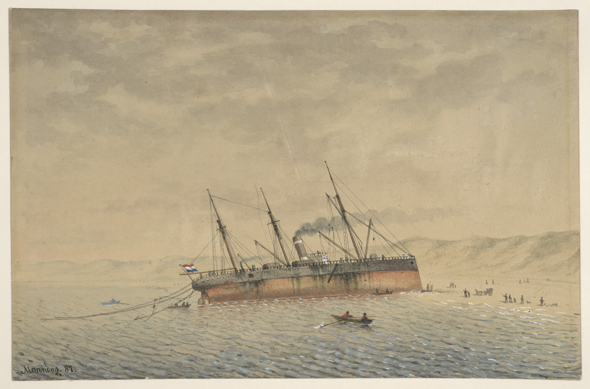 S.5612(04); Stranding van het stoomschip 'Stella' bij IJmuiden op 7 maart 1887; tekening