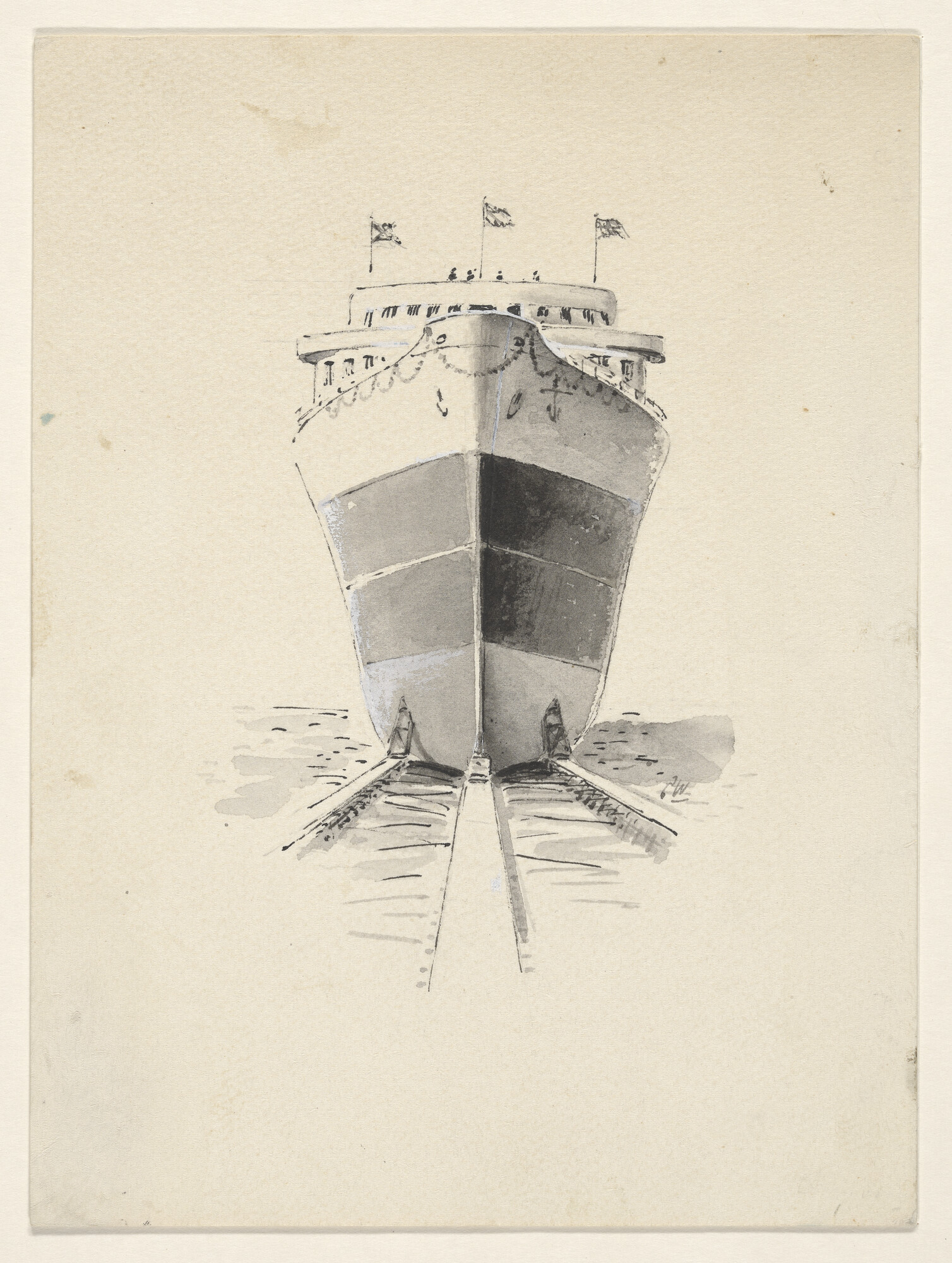 A.5290(10); Het van stapel lopen van het veerschip ms. Koningin Wilhelmina van de SMZ; tekening