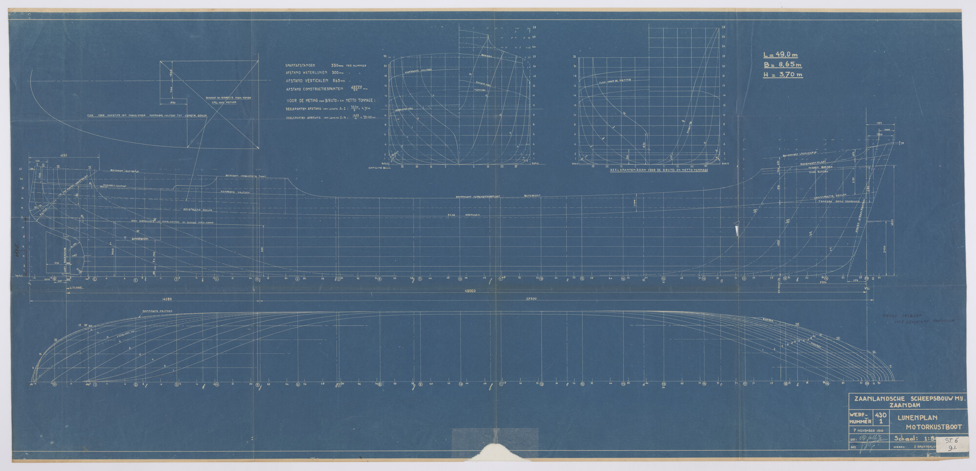 S.4827(0488); Lijnenplan van de coaster ms. Ponza; technische tekening