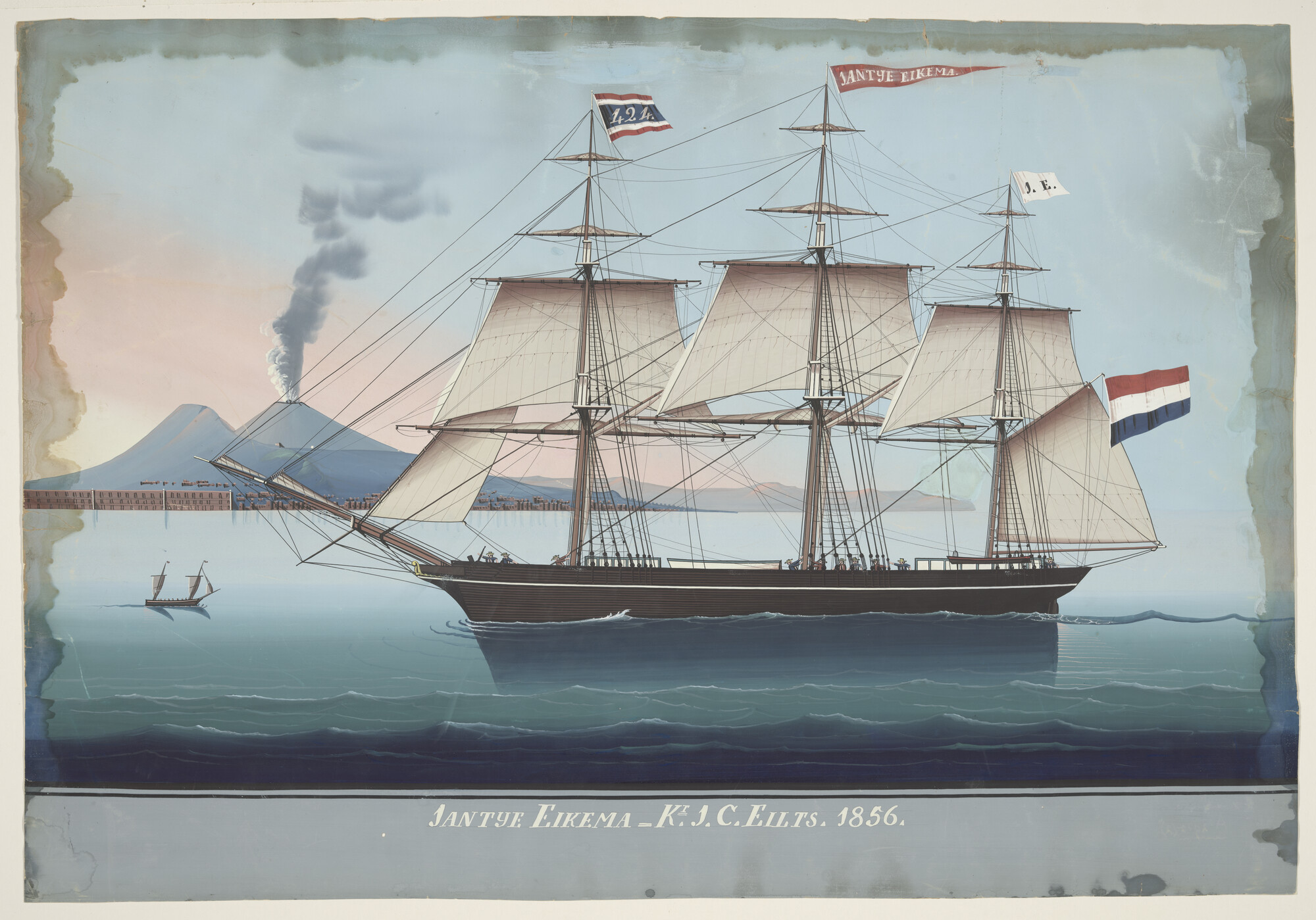 A.2912(02); Het fregatschip Jantje Eikema met op de achtergrond de Vesuvius; tekening