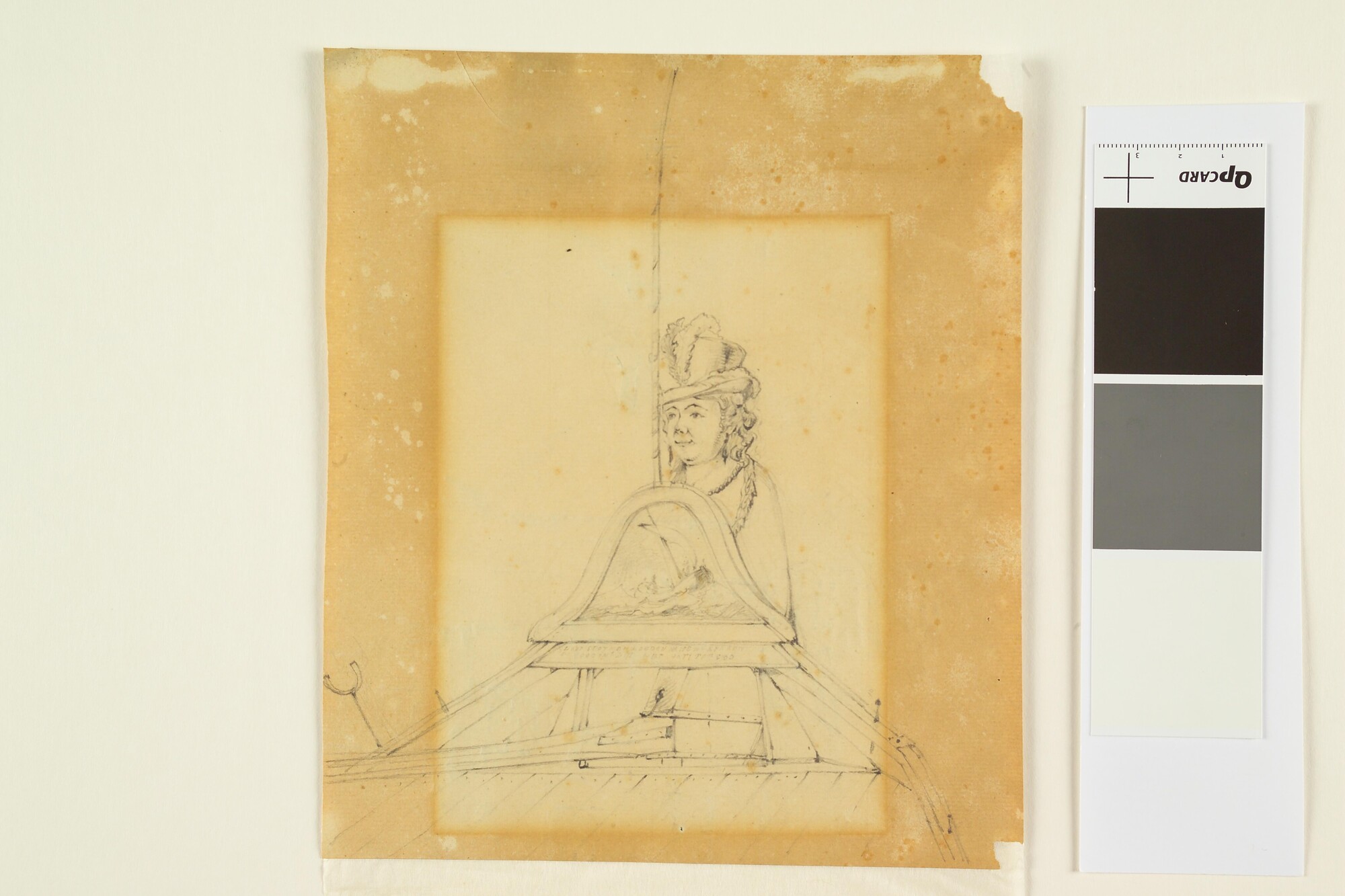 A.0149(0405)3; De achtersteven van een binnenschip, gezien naar het roer, met een hakkebord; tekening